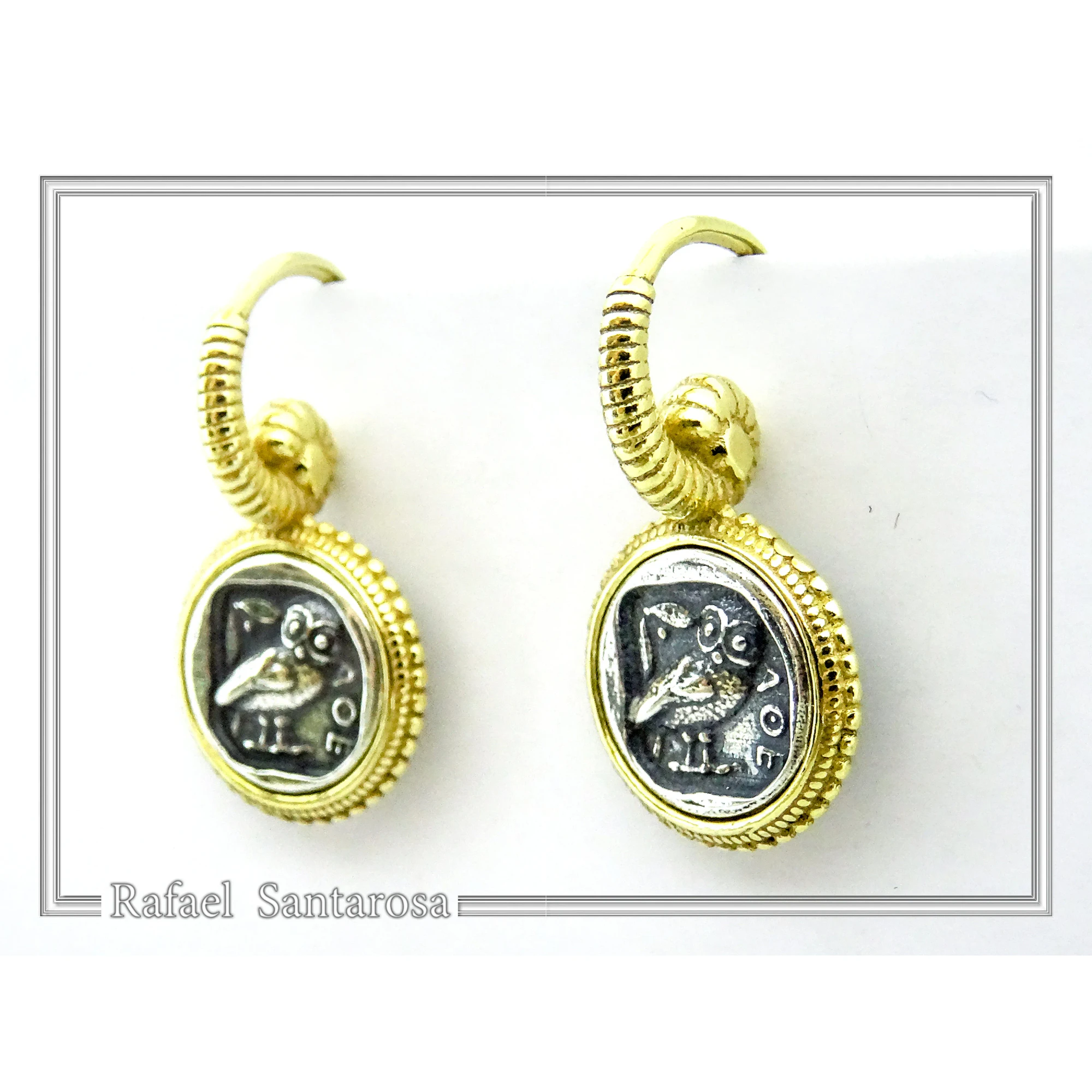 Athena Owl Coin Tetradrachm Ancient Greek Decoration Earrings, Museum Jewelry: Sterling Silver, 18K Gold-Filled — additional product image 3 from Rafael Santarosa Fine Jewelry