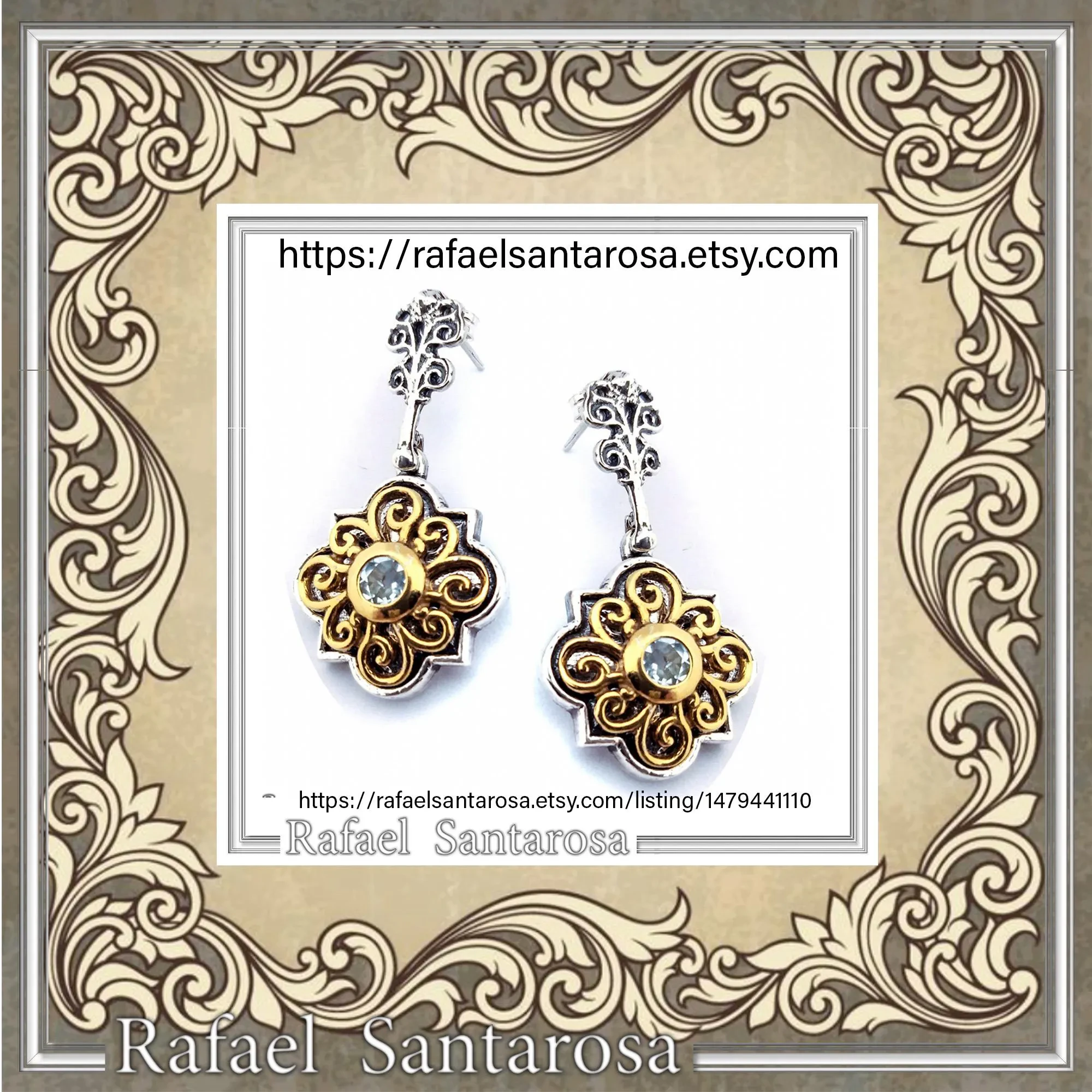 Byzantine Genuine Gemstones Silver Earrings: 18K Gold Filled Filigree on oxidised silver base — additional product image 10 from Rafael Santarosa Fine Jewelry