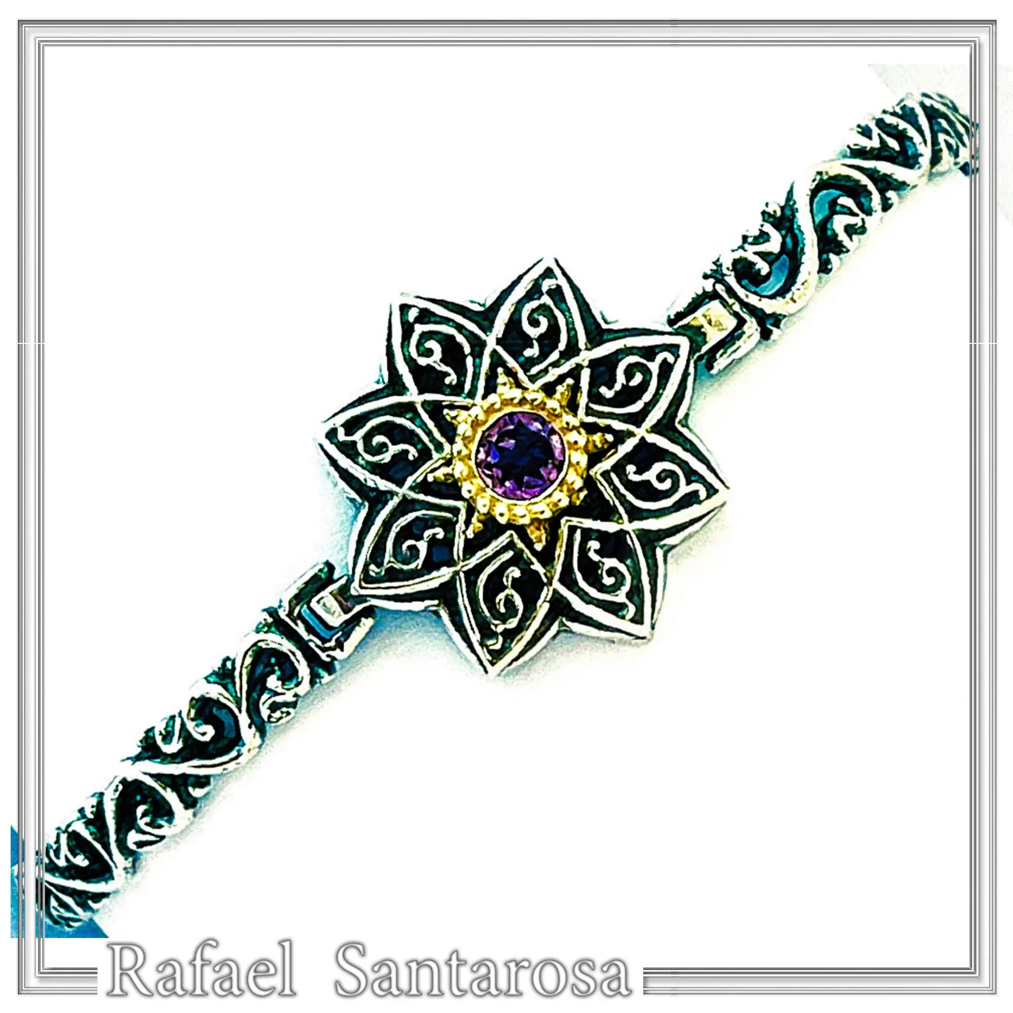 Natural Amethyst Byzantine Star Bracelet: Oxidised Sterling Silver, 18K Gold Filled Bezel — additional product image 2 from Rafael Santarosa Fine Jewelry