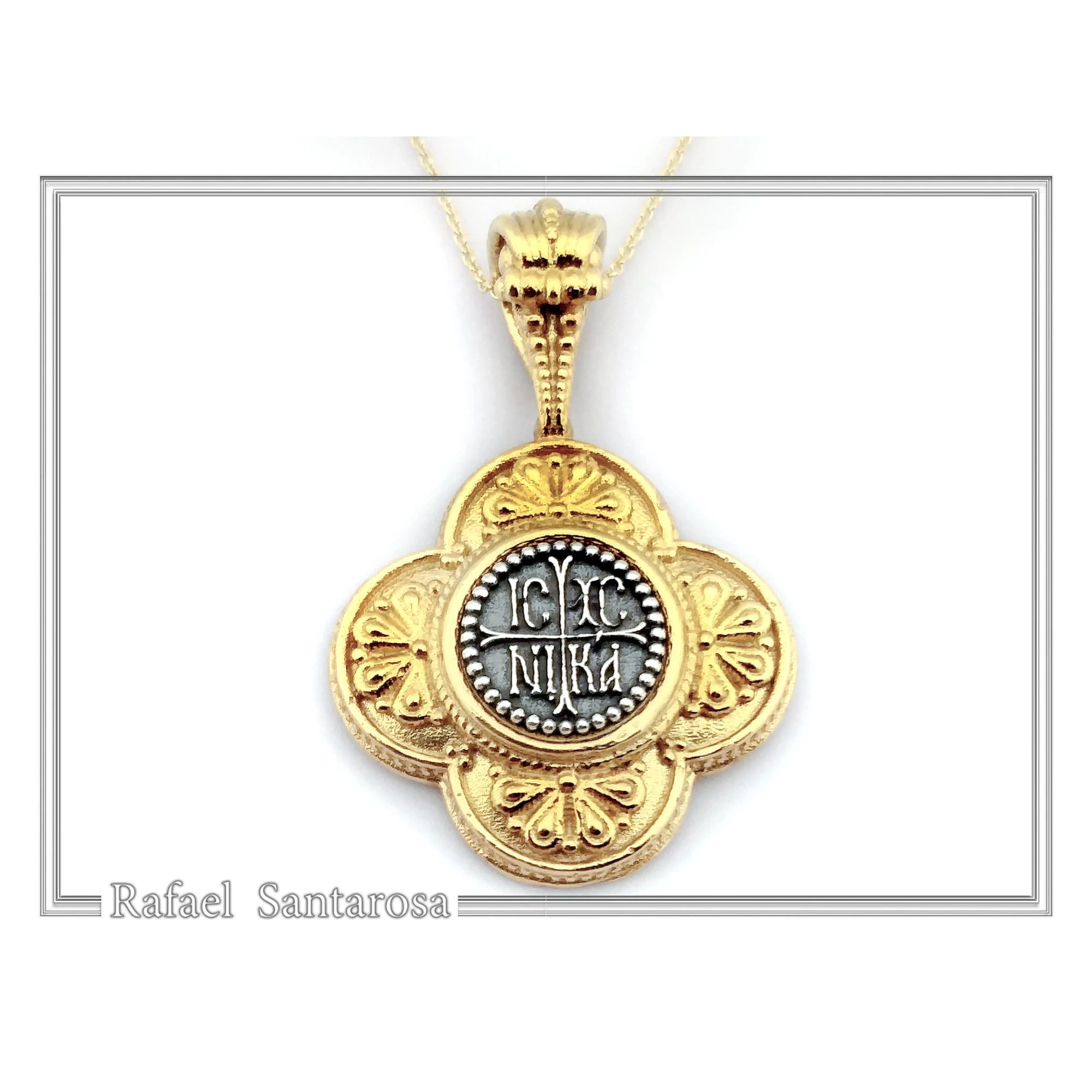 ICXC NIKA Cross Prayer Talisman Pendant: Byzantine Constantinato Gold Filled & Oxidized Sterling Silver — additional product image 2 from Rafael Santarosa Fine Jewelry