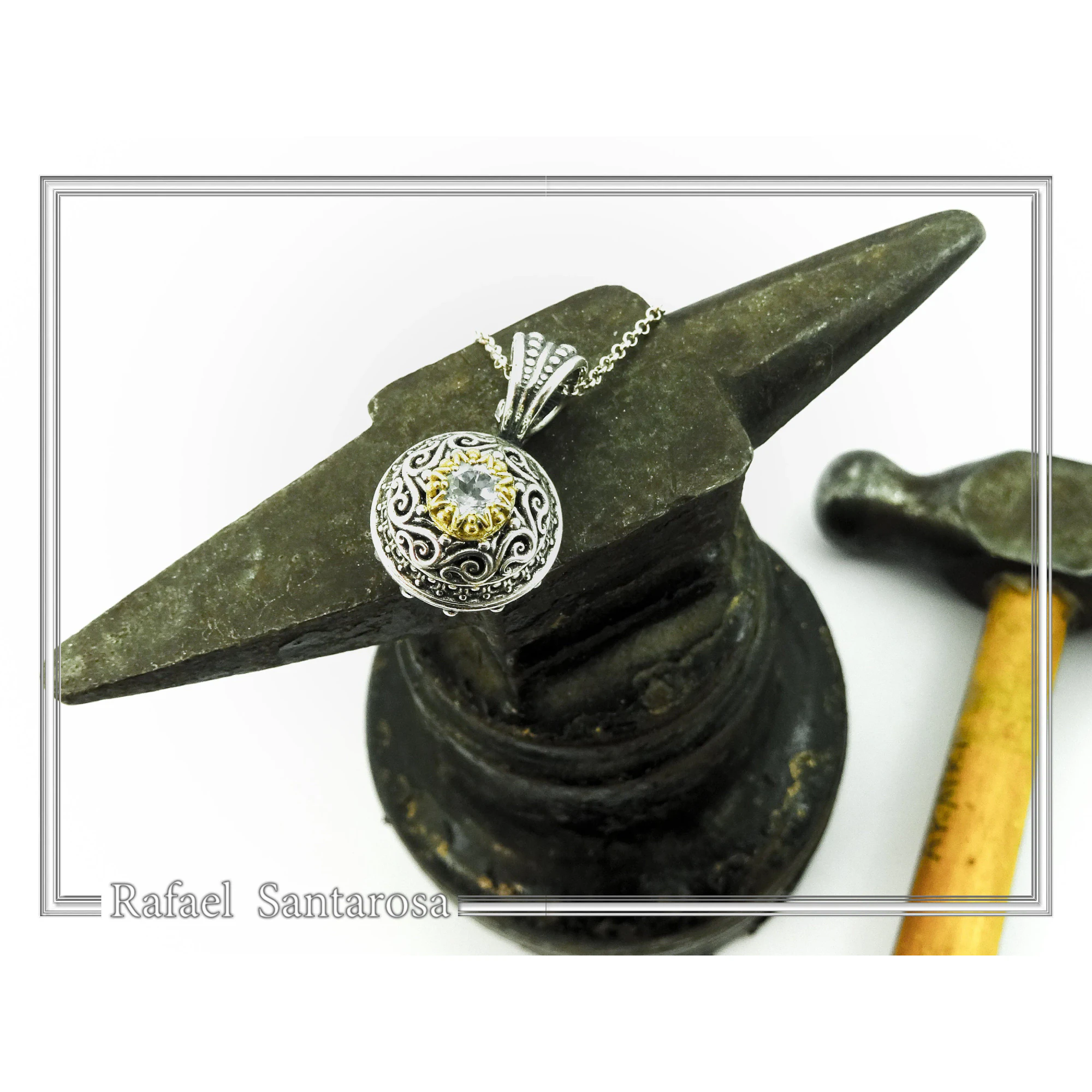 Genuine Sky-Blue Topaz Byzantine Filigree Necklace: Oxidized and 18K Gold Filled Sterling Silver — additional product image 7 from Rafael Santarosa Fine Jewelry