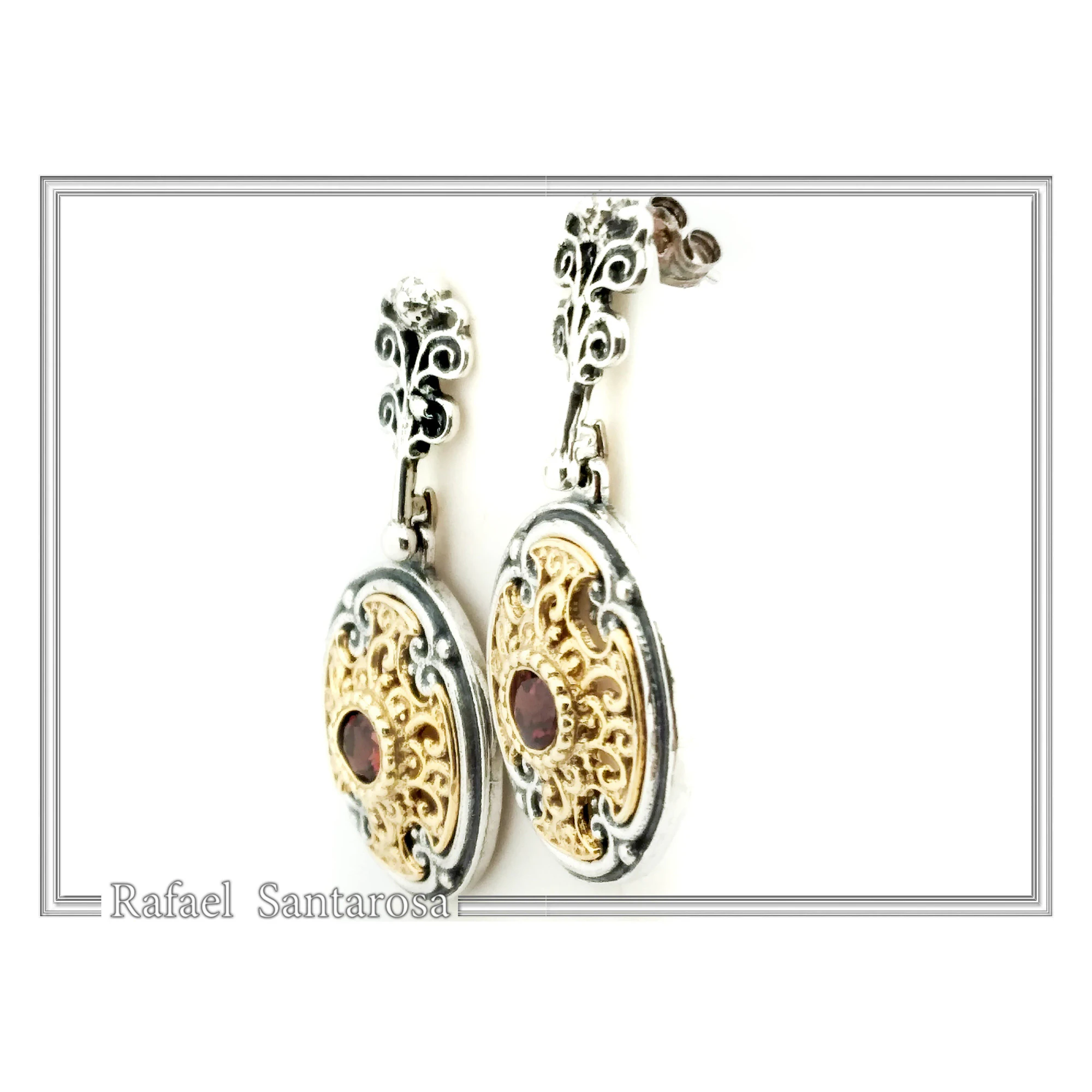 Natural Red Garnet Byzantine style Earrings: Oxidized & 18K Gold-Filled Sterling Silver, — additional product image 5 from Rafael Santarosa Fine Jewelry