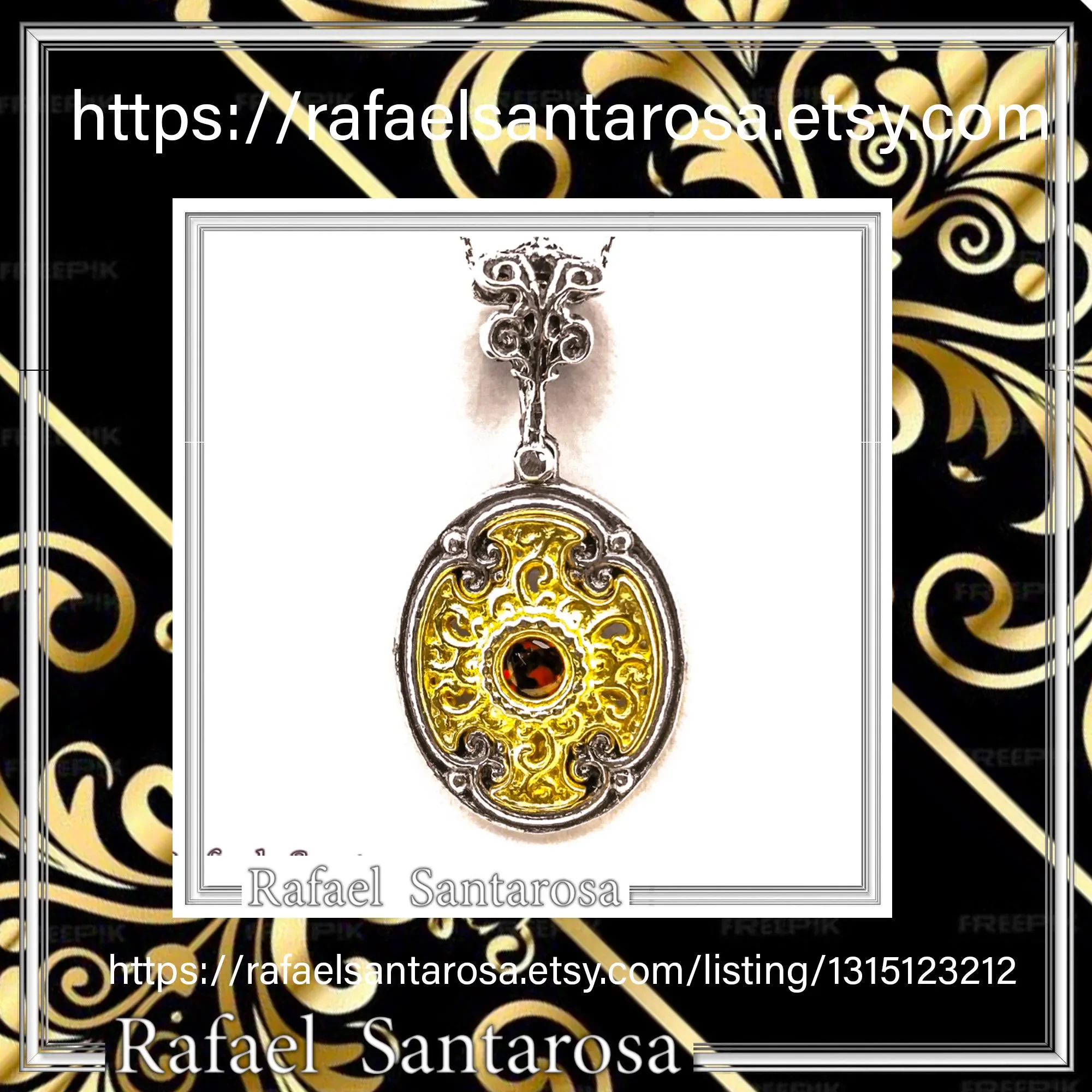 Byzantine Cross Shaped Natural Red Garnet Filigree Necklace: 18K Gold filled and oxidised Silver — additional product image 10 from Rafael Santarosa Fine Jewelry