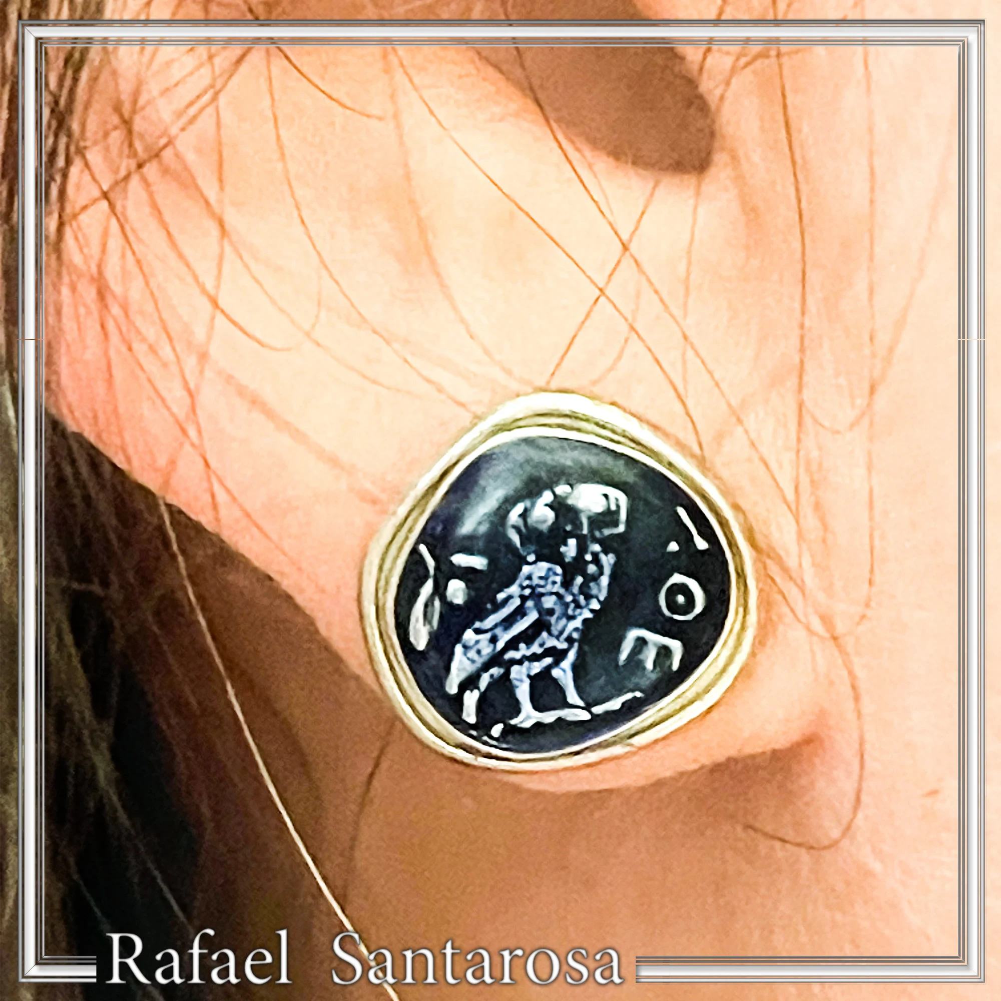 Oxidized Sterling Silver Athenian Tetradrachm Owl Earrings: Athena Coin Studs with Sky Blue Enamel — additional product image 2 from Rafael Santarosa Fine Jewelry