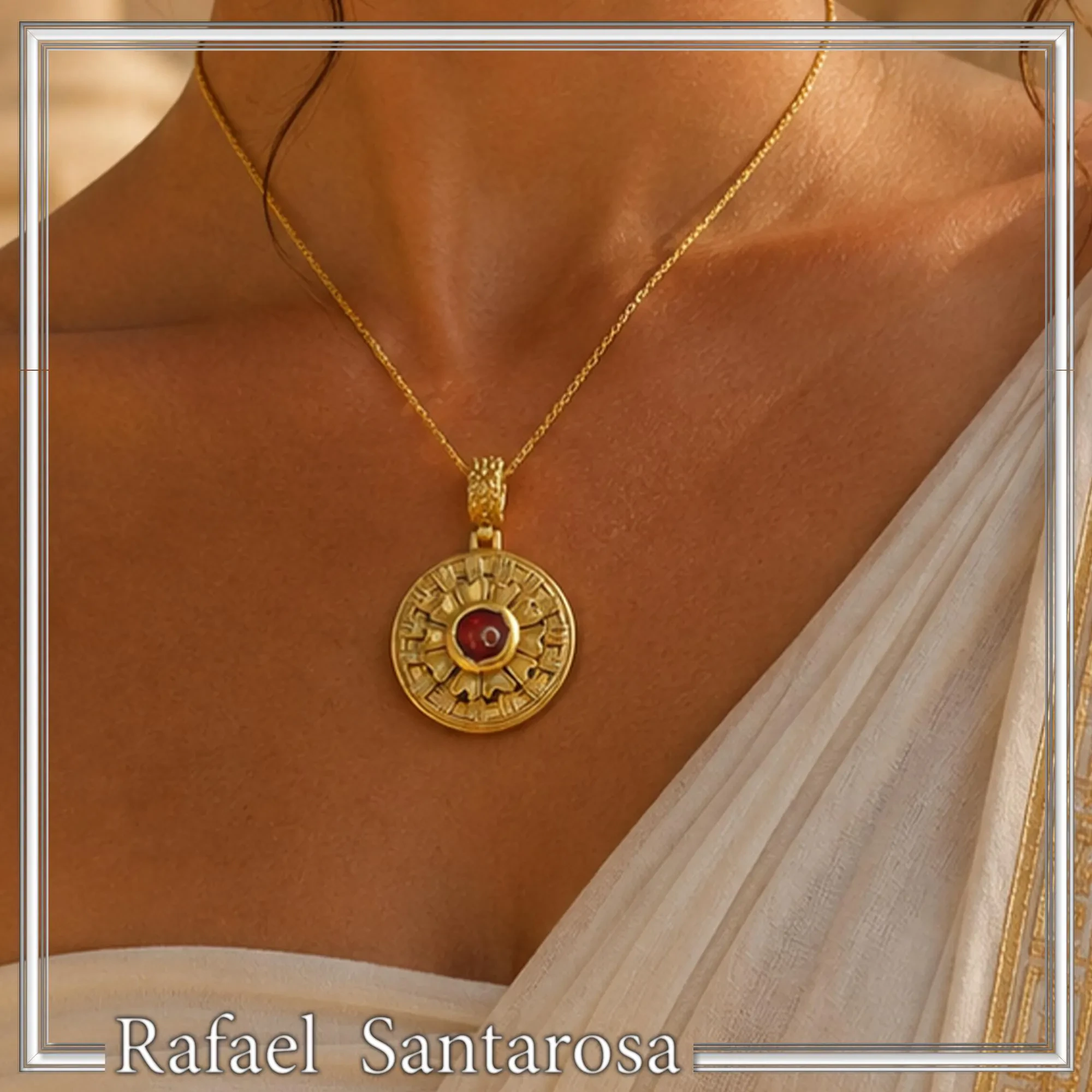 Ancient Greek Flower Museum Replica Pendant, Sterling Silver 18K Gold Filled Natural Garnet Necklace — additional product image 9 from Rafael Santarosa Fine Jewelry