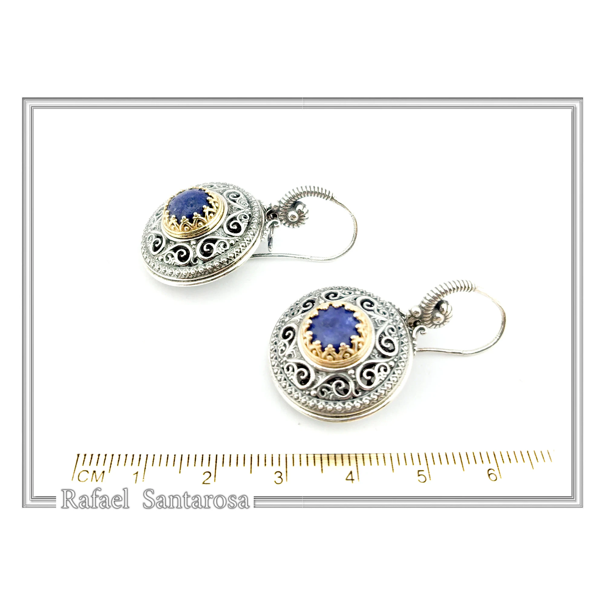 Lapis Lazuli Earrings Byzantine Ornaments Decorated with Filigree Bezel: Oxidized and Gold-Filled Sterling Silver — additional product image 7 from Rafael Santarosa Fine Jewelry