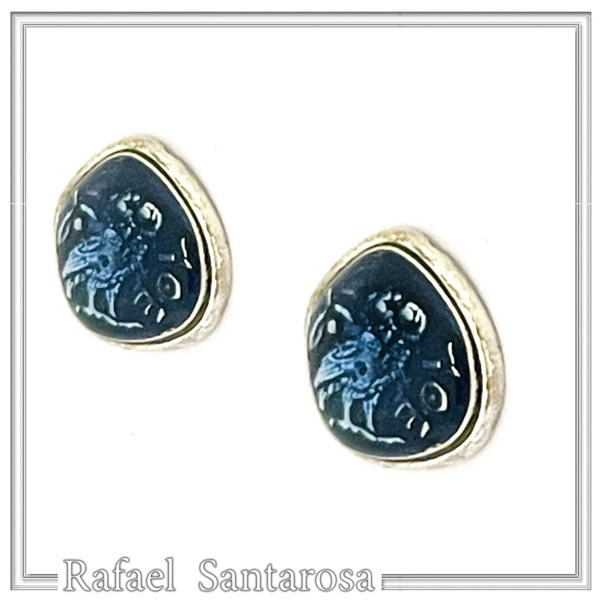 Oxidized Sterling Silver Athenian Tetradrachm Owl Earrings: Athena Coin Studs with Sky Blue Enamel — additional product image 5 from Rafael Santarosa Fine Jewelry