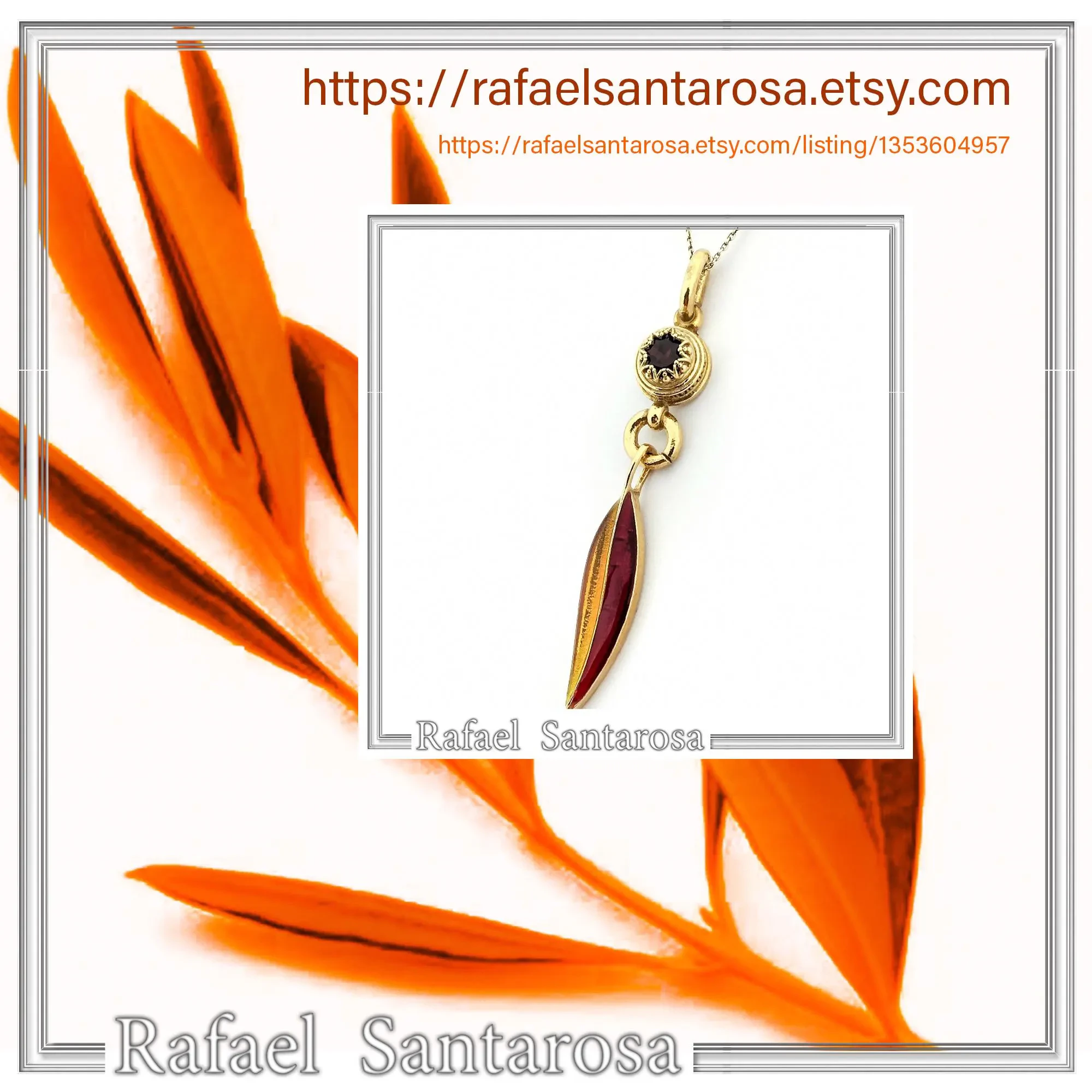 Olive Leaf Dangle Necklace: Natural Garnet and Enamel Floral Sterling Silver 18K Gold Filled — additional product image 10 from Rafael Santarosa Fine Jewelry