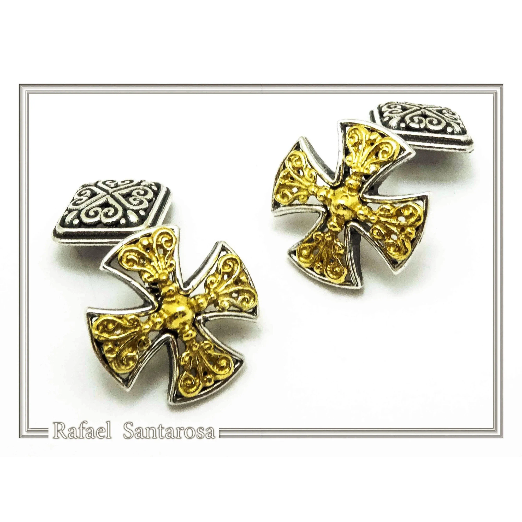 Byzantine Religious Cross Cufflinks: Oxidized & 18k Gold Filled Filigree Sterling Silver Christian cufflinks — additional product image 8 from Rafael Santarosa Fine Jewelry