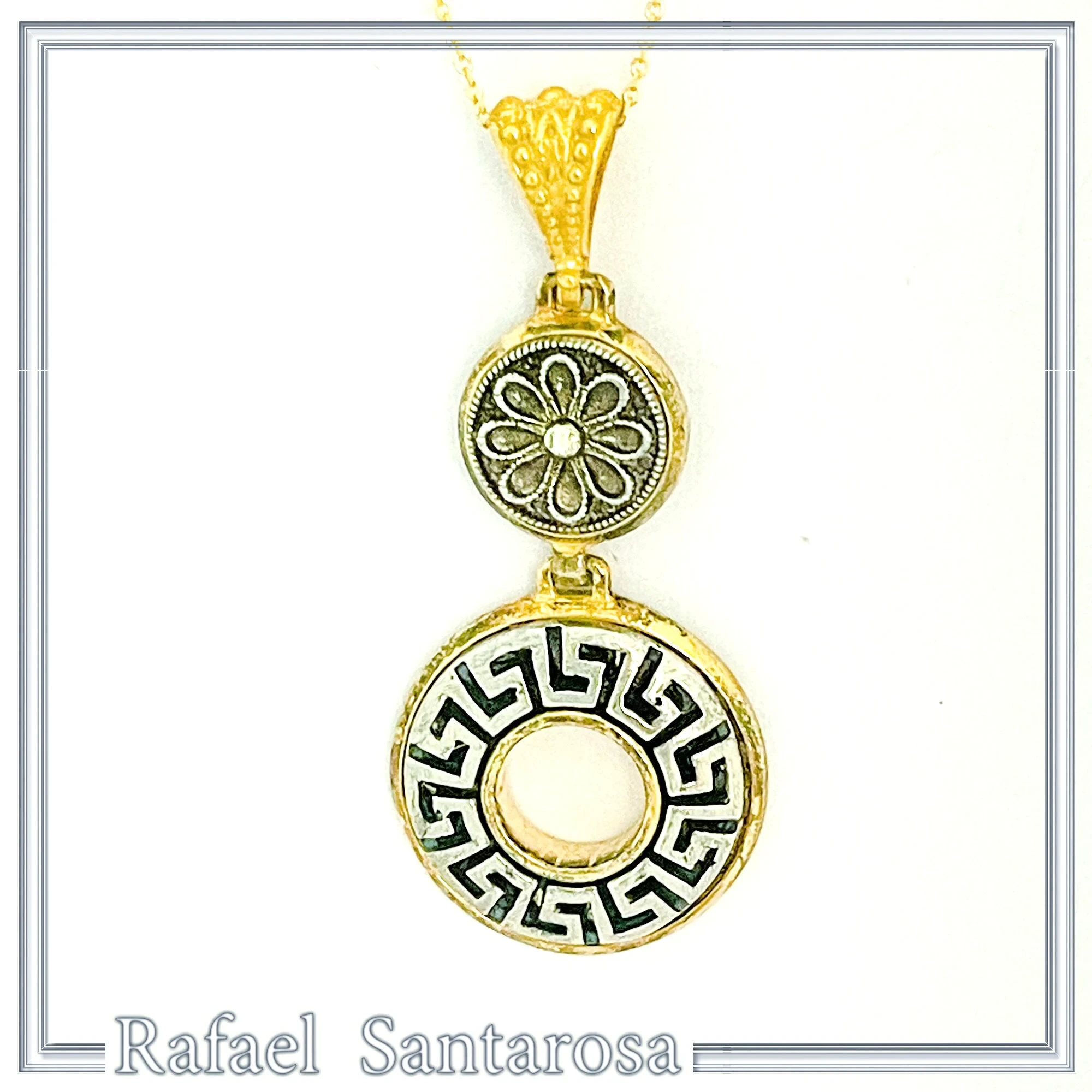 Greek Key & Greek Flower Dangle Necklace: Oxidized Sterling Silver Meander in 18K Gold-Filled Base — additional product image 2 from Rafael Santarosa Fine Jewelry
