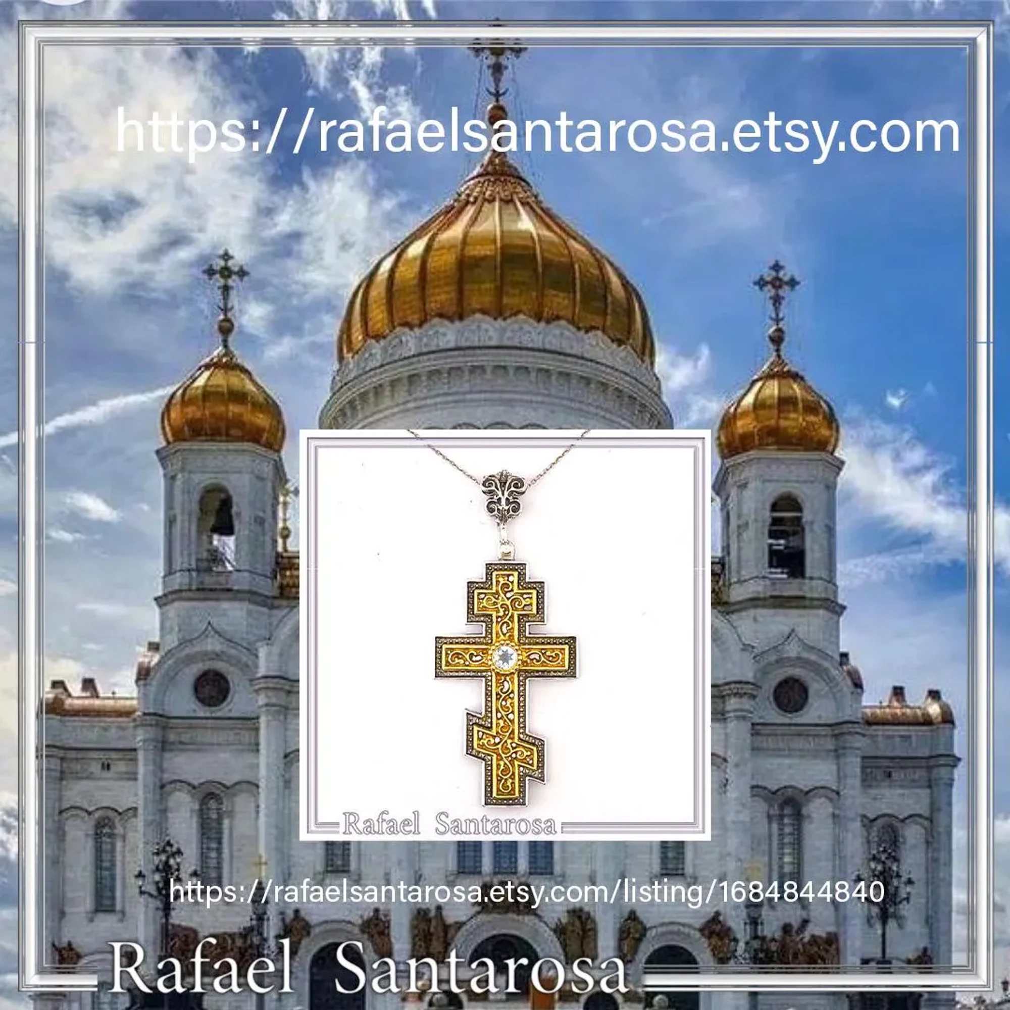 Russian type Orthodox Cross: Sky Blue Topaz, Oxidized & 18K Gold Filled Silver Byzantine Filigree — additional product image 10 from Rafael Santarosa Fine Jewelry