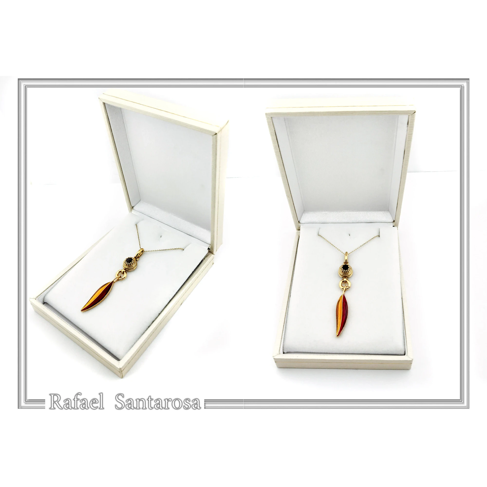 Olive Leaf Dangle Necklace: Natural Garnet and Enamel Floral Sterling Silver 18K Gold Filled — additional product image 9 from Rafael Santarosa Fine Jewelry