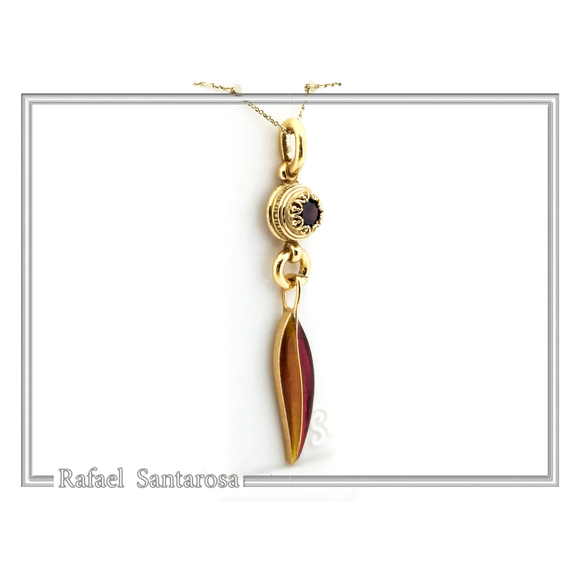 Olive Leaf Dangle Necklace: Natural Garnet and Enamel Floral Sterling Silver 18K Gold Filled — additional product image 4 from Rafael Santarosa Fine Jewelry