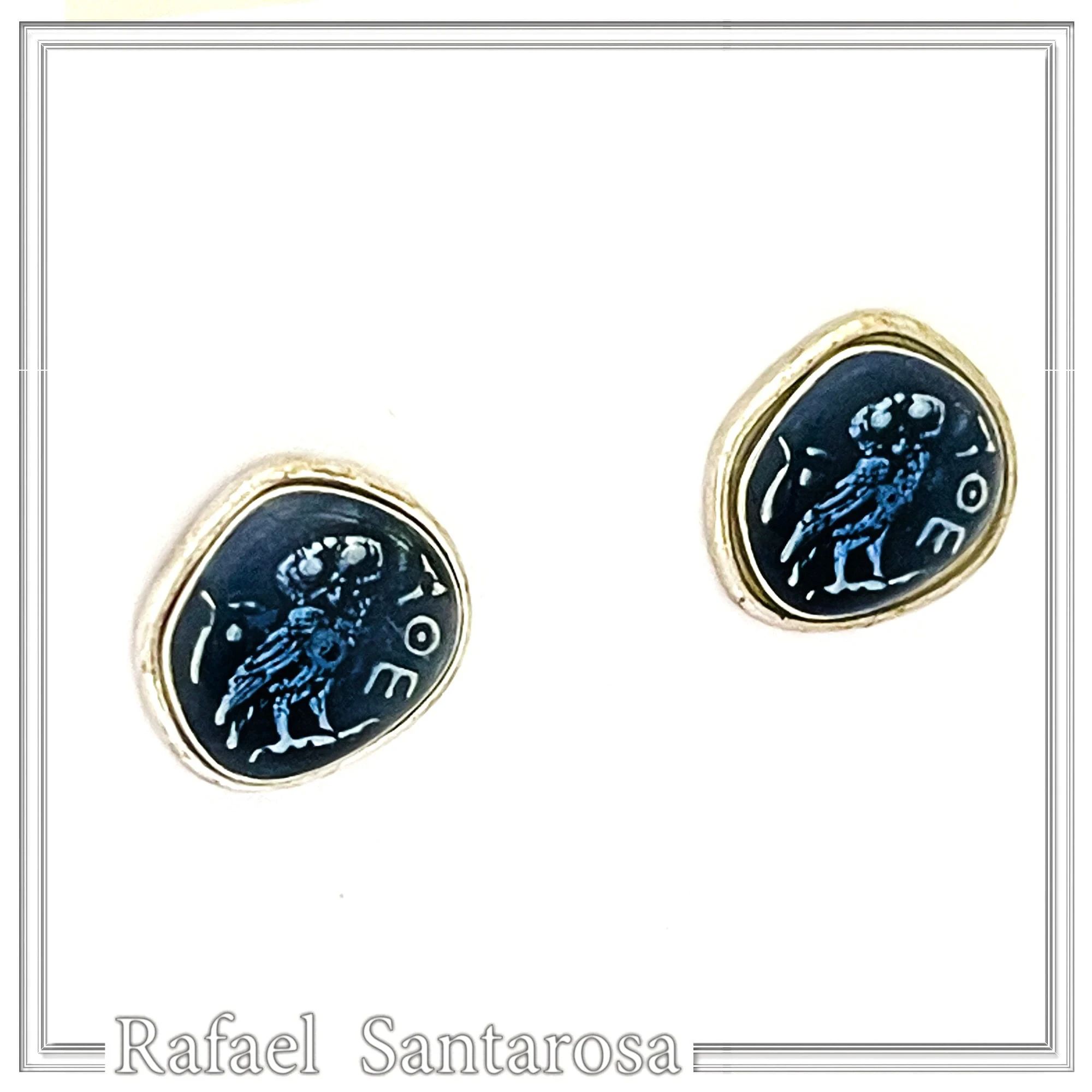 Oxidized Sterling Silver Athenian Tetradrachm Owl Earrings: Athena Coin Studs with Sky Blue Enamel — additional product image 6 from Rafael Santarosa Fine Jewelry