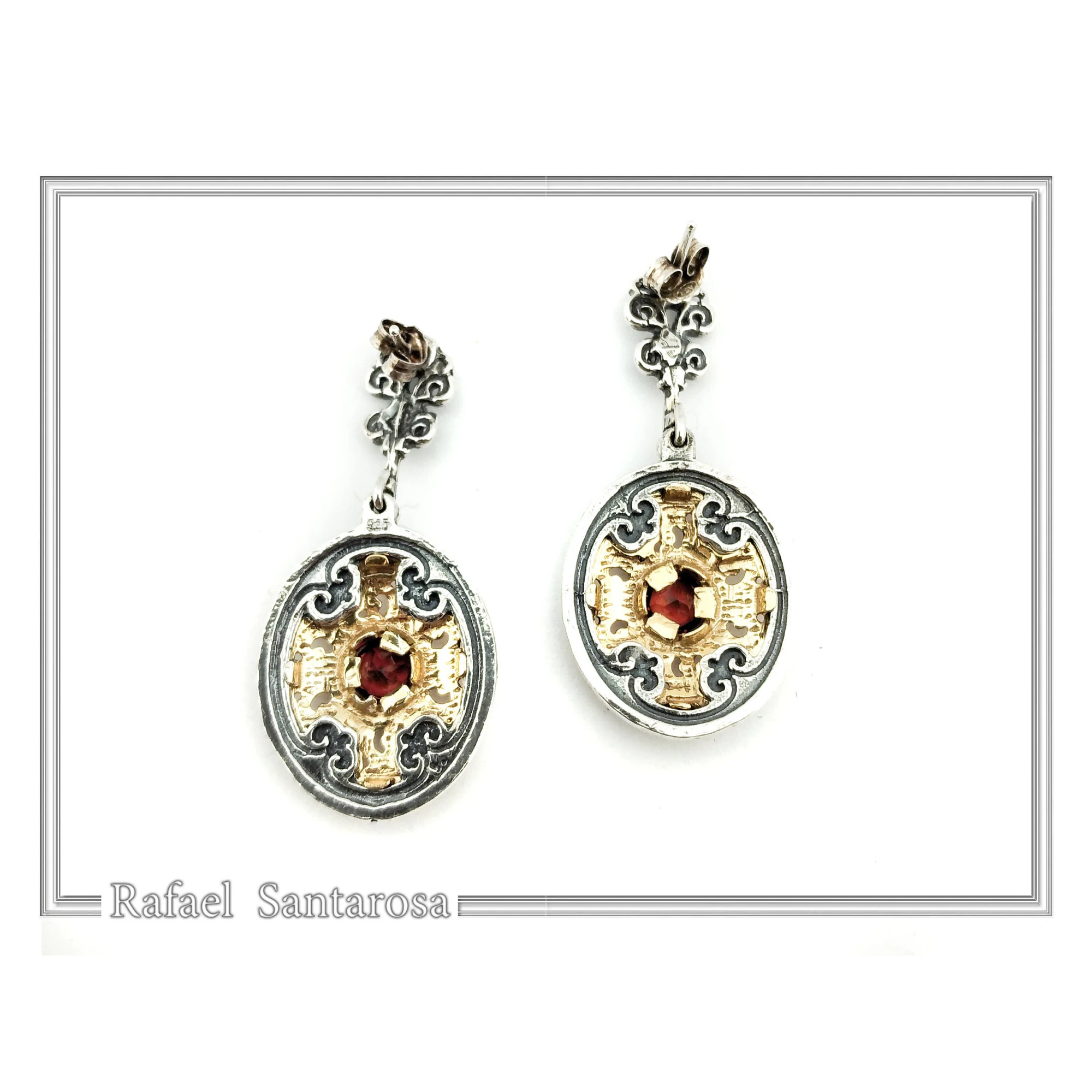 Natural Red Garnet Byzantine style Earrings: Oxidized & 18K Gold-Filled Sterling Silver, — additional product image 8 from Rafael Santarosa Fine Jewelry