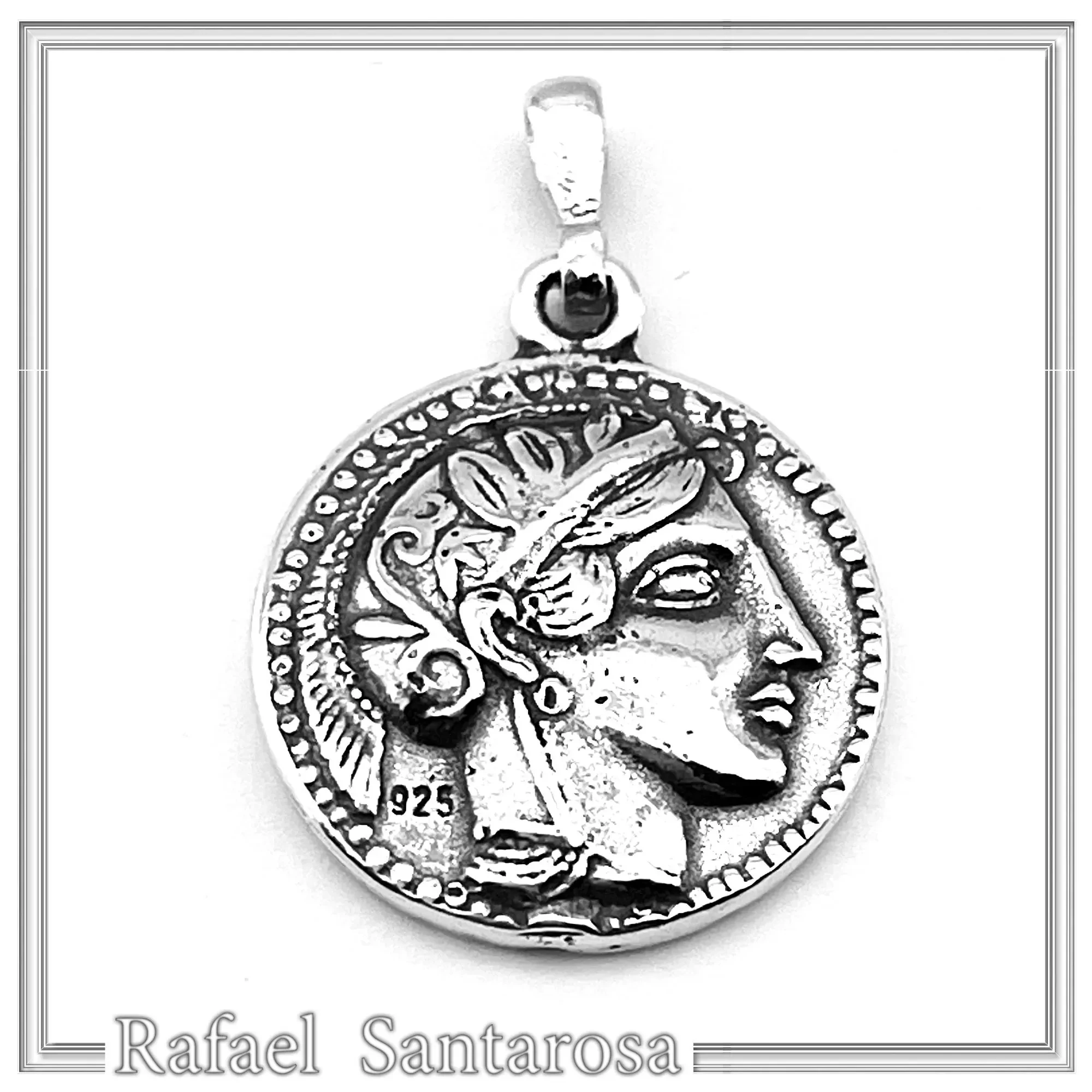 Ancient Greek Tetradrachm Owl Coin Pendant: Athena Wisdom Goddess Oxidized Sterling Silver Museum replica — additional product image 3 from Rafael Santarosa Fine Jewelry