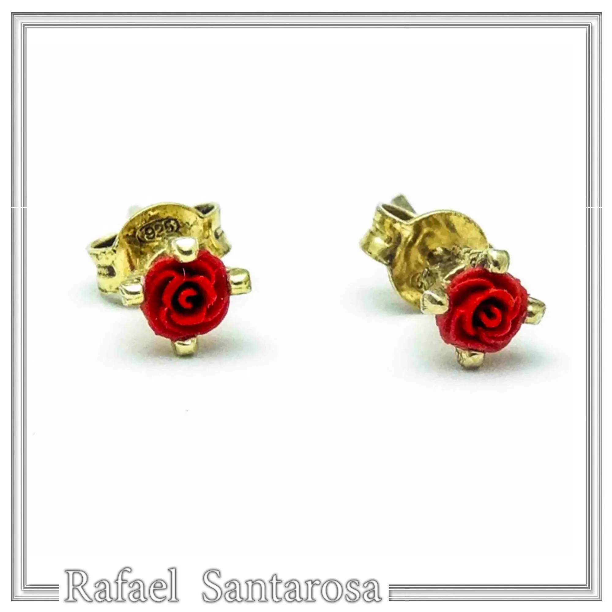 Handmade Red Rose Flower Stud Earrings: Alabaster & 18K Gold Filled Sterling Silver