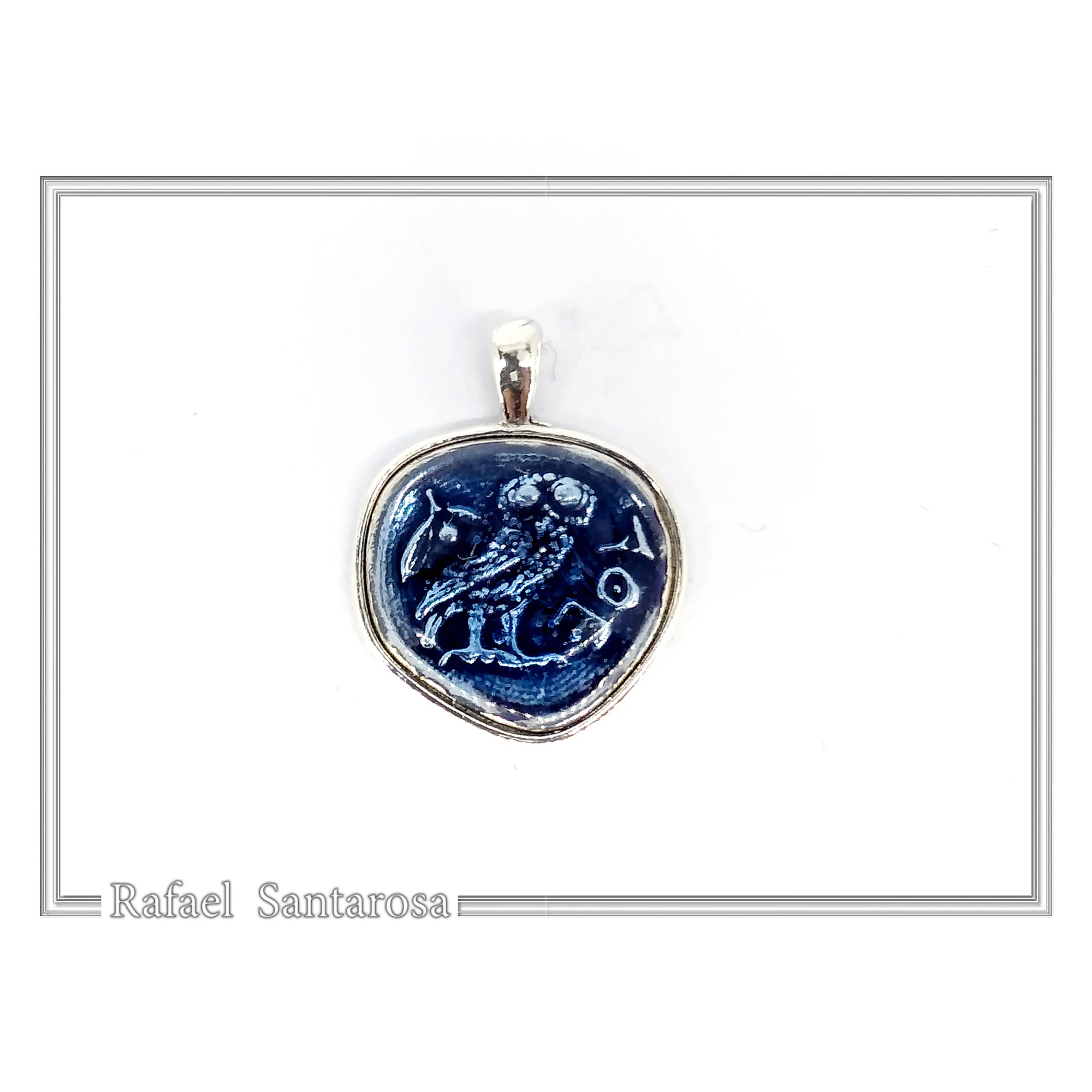 Athena's Owl Symbol of Wisdom Coin Pendant: Blue Enamel, Oxidized Sterling Silver — additional product image 7 from Rafael Santarosa Fine Jewelry