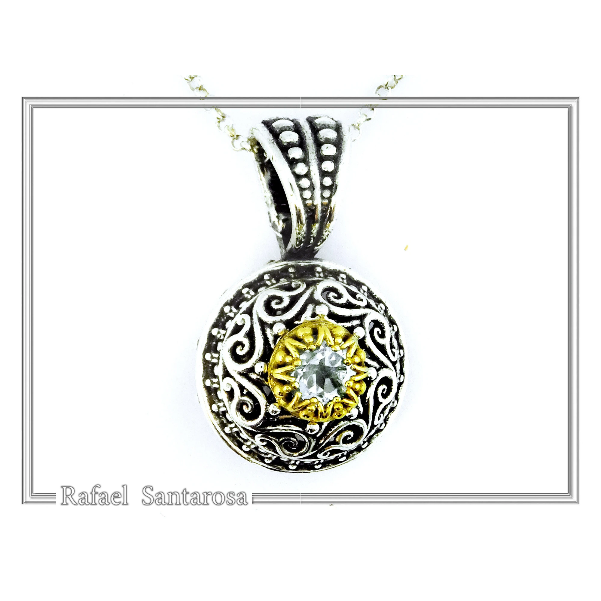 Genuine Sky-Blue Topaz Byzantine Filigree Necklace: Oxidized and 18K Gold Filled Sterling Silver — additional product image 4 from Rafael Santarosa Fine Jewelry