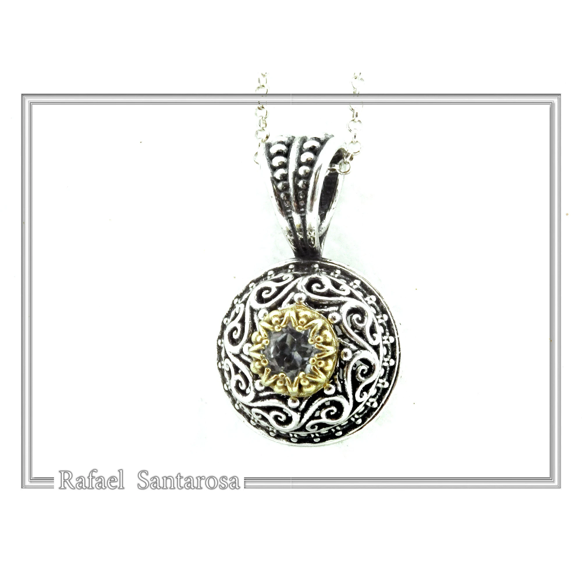 Genuine Sky-Blue Topaz Byzantine Filigree Necklace: Oxidized and 18K Gold Filled Sterling Silver — additional product image 2 from Rafael Santarosa Fine Jewelry