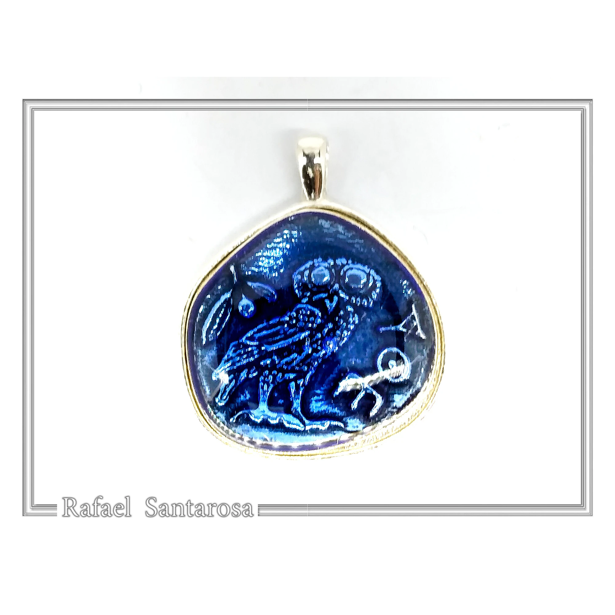 Athena's Owl Symbol of Wisdom Coin Pendant: Blue Enamel, Oxidized Sterling Silver — additional product image 2 from Rafael Santarosa Fine Jewelry