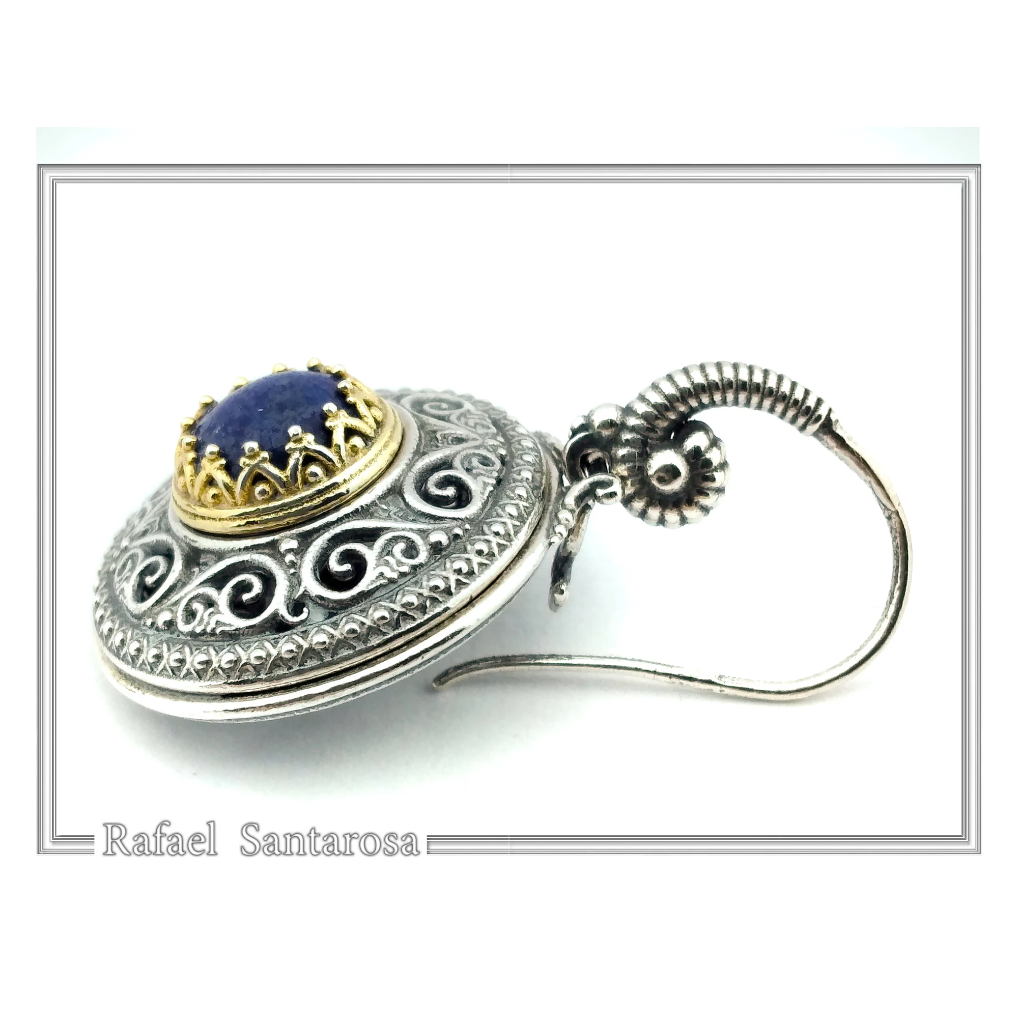 Lapis Lazuli Earrings Byzantine Ornaments Decorated with Filigree Bezel: Oxidized and Gold-Filled Sterling Silver — additional product image 5 from Rafael Santarosa Fine Jewelry