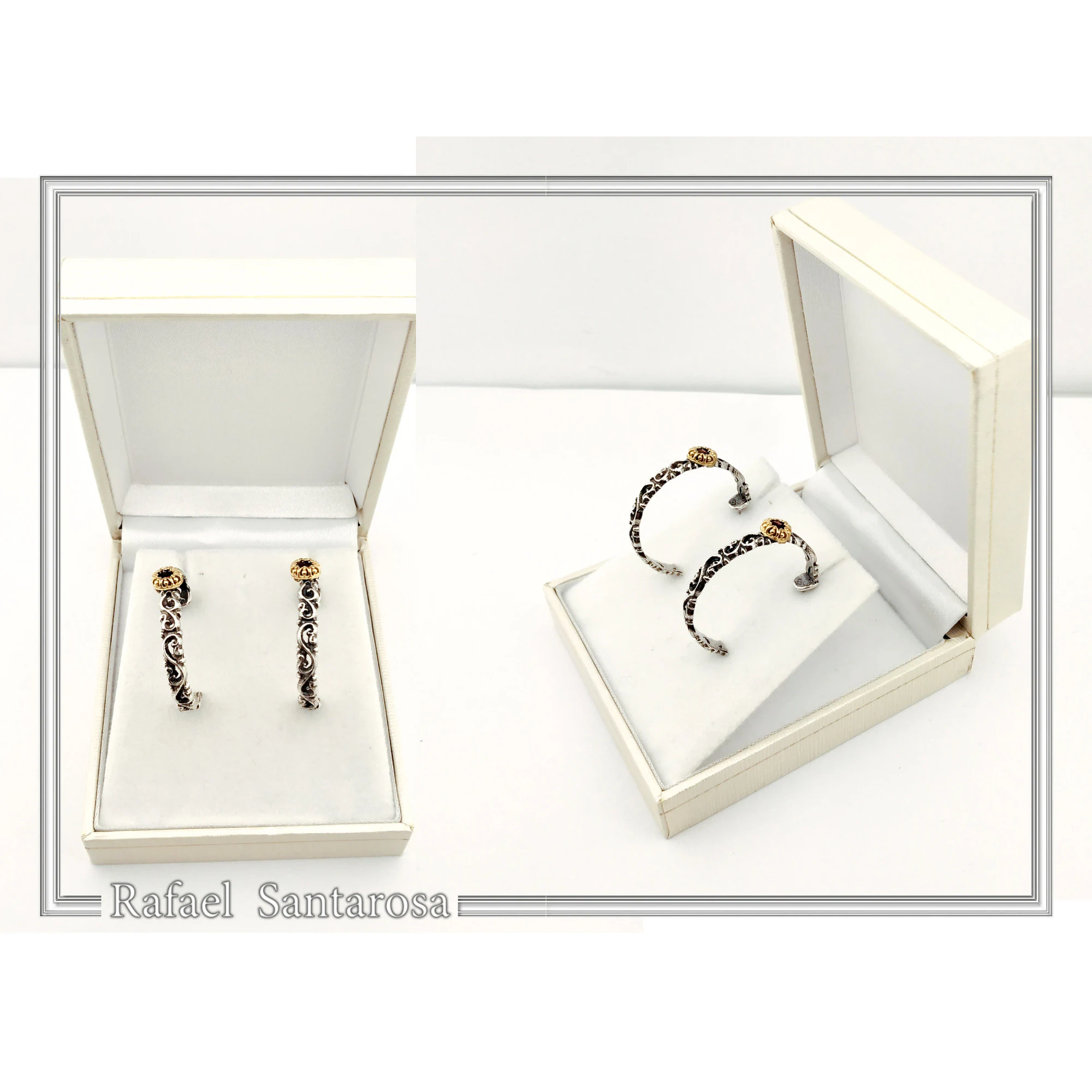 Natural Red Garnet Byzantine sculpture decorated Hoop Earrings: Oxidized & 18K Gold Filled Sterling Silver — additional product image 9 from Rafael Santarosa Fine Jewelry