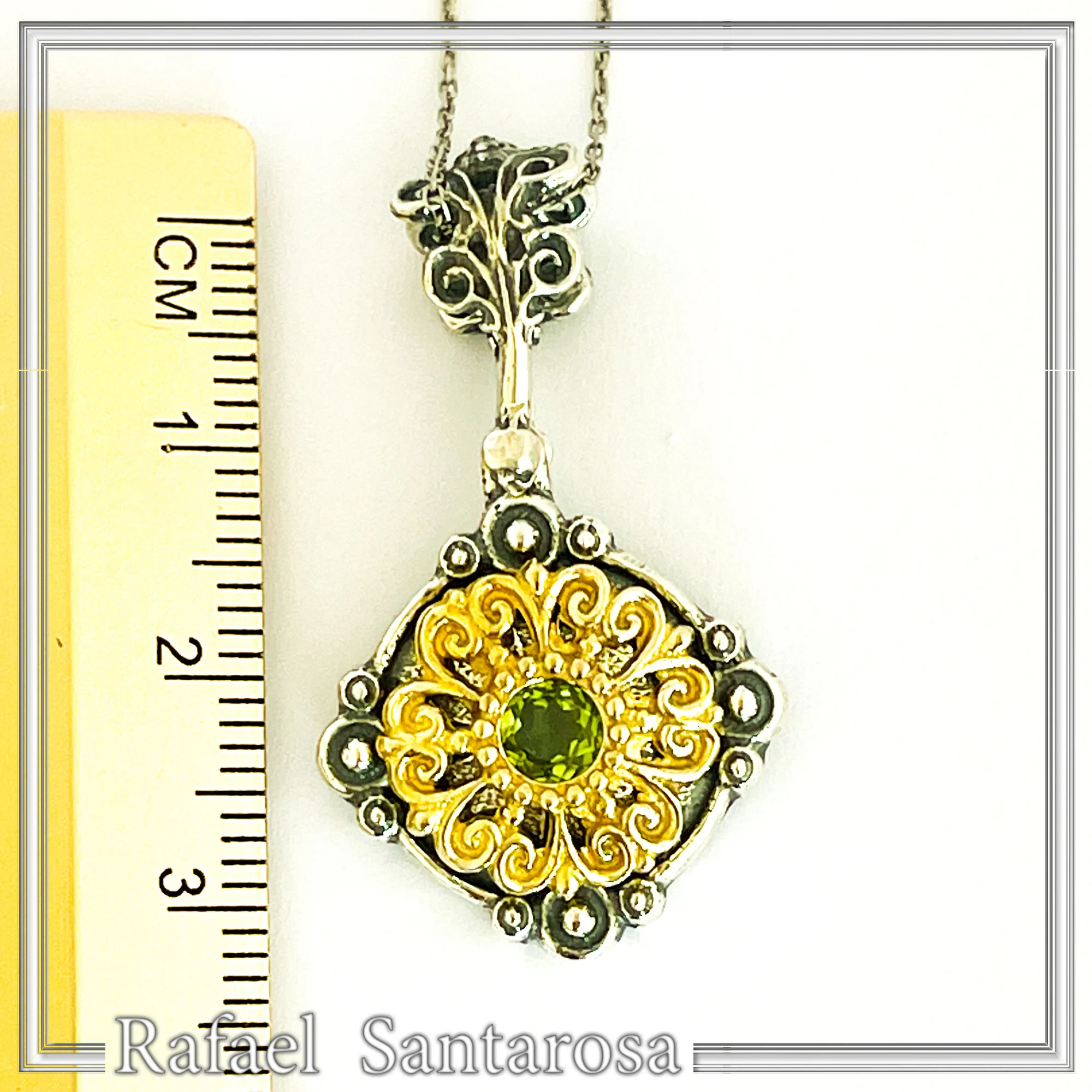 Genuine Peridot Gemstone Filigree Necklace: Sterling Silver Oxidised & Gold Filled Byzantine Pendant — additional product image 8 from Rafael Santarosa Fine Jewelry