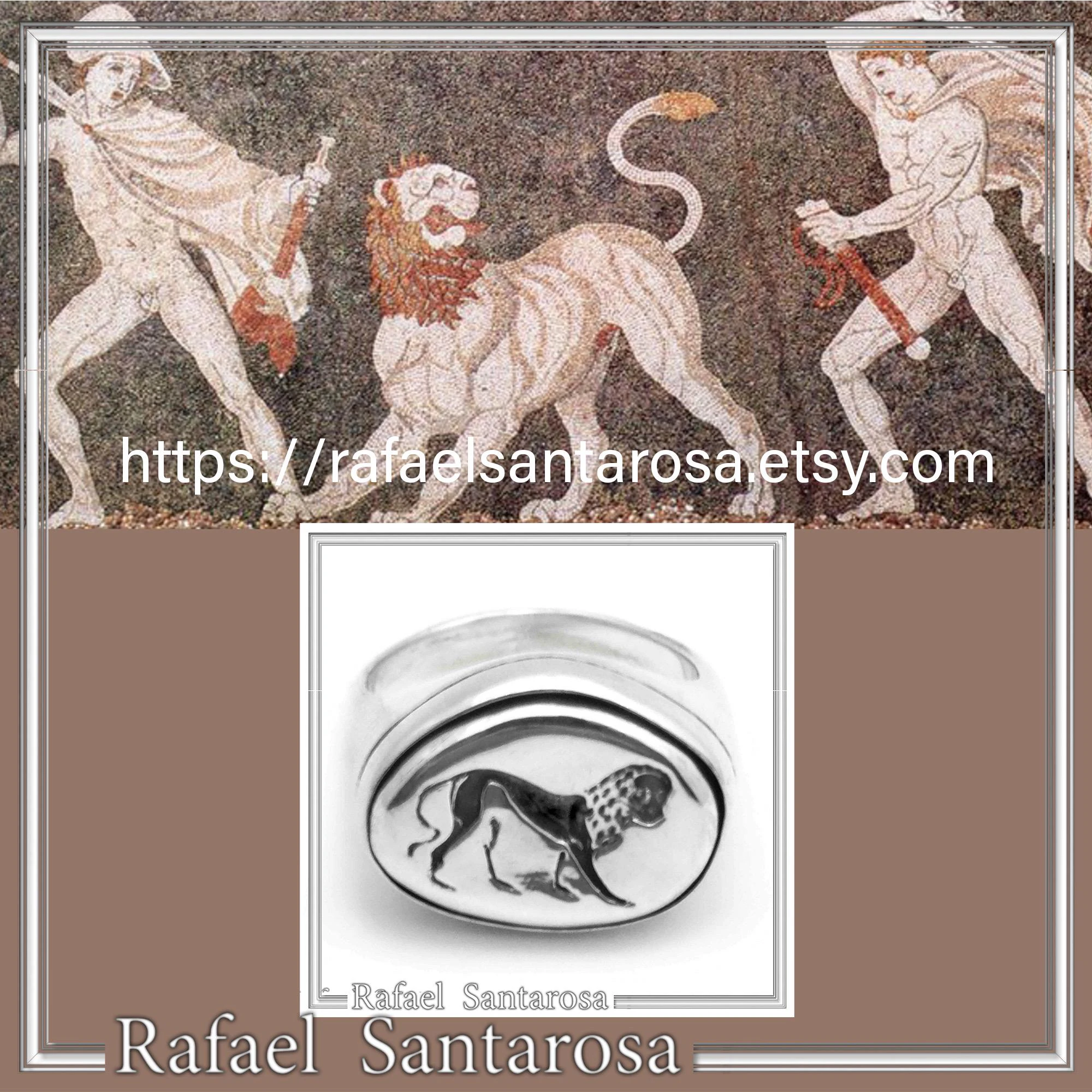 Lion Signet Seal Men Ring: Greek Mythology symbol of strength Oxidized Sterling Silver — additional product image 10 from Rafael Santarosa Fine Jewelry