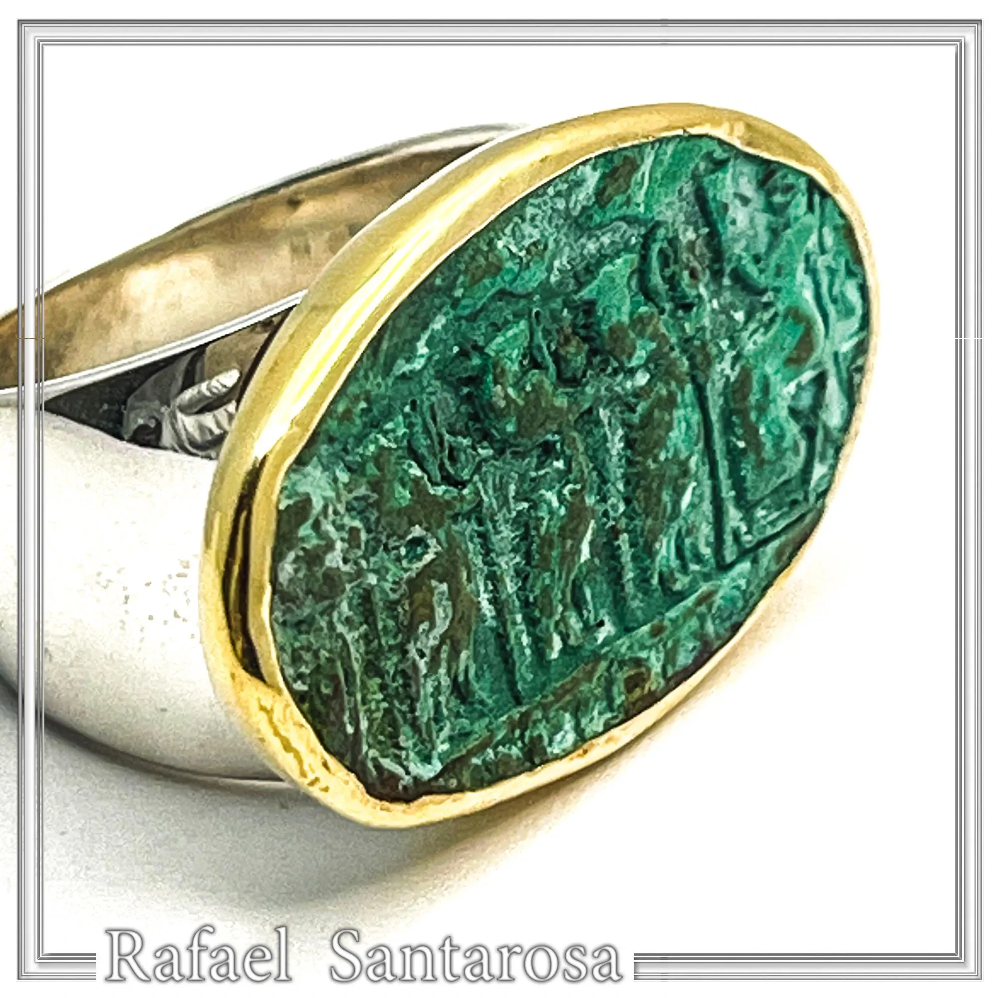 Minoan Sacred Scene Ring, Oxidised Copper, 14K Gold Bezel, Sterling Silver Band — additional product image 9 from Rafael Santarosa Fine Jewelry