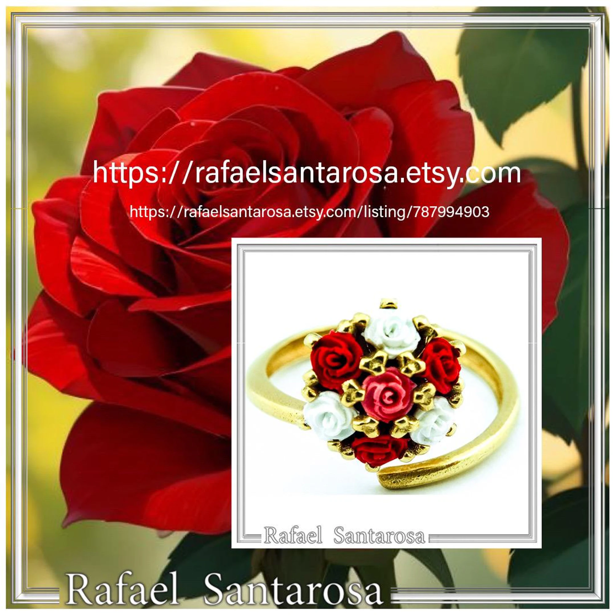 Red & White Roses Alabaster Gems Bouquet Adjustable Floral Statement Ring: 18k Gold Filled Silver — additional product image 10 from Rafael Santarosa Fine Jewelry