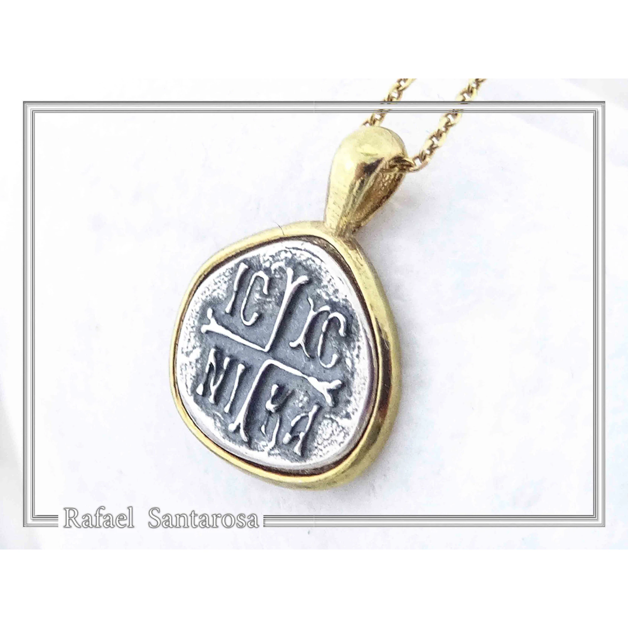 Protection cross coin Jesus Christ Wins necklace Christogram talisman Constantinato pendant oxidized sterling silver. — additional product image 6 from Rafael Santarosa Fine...
