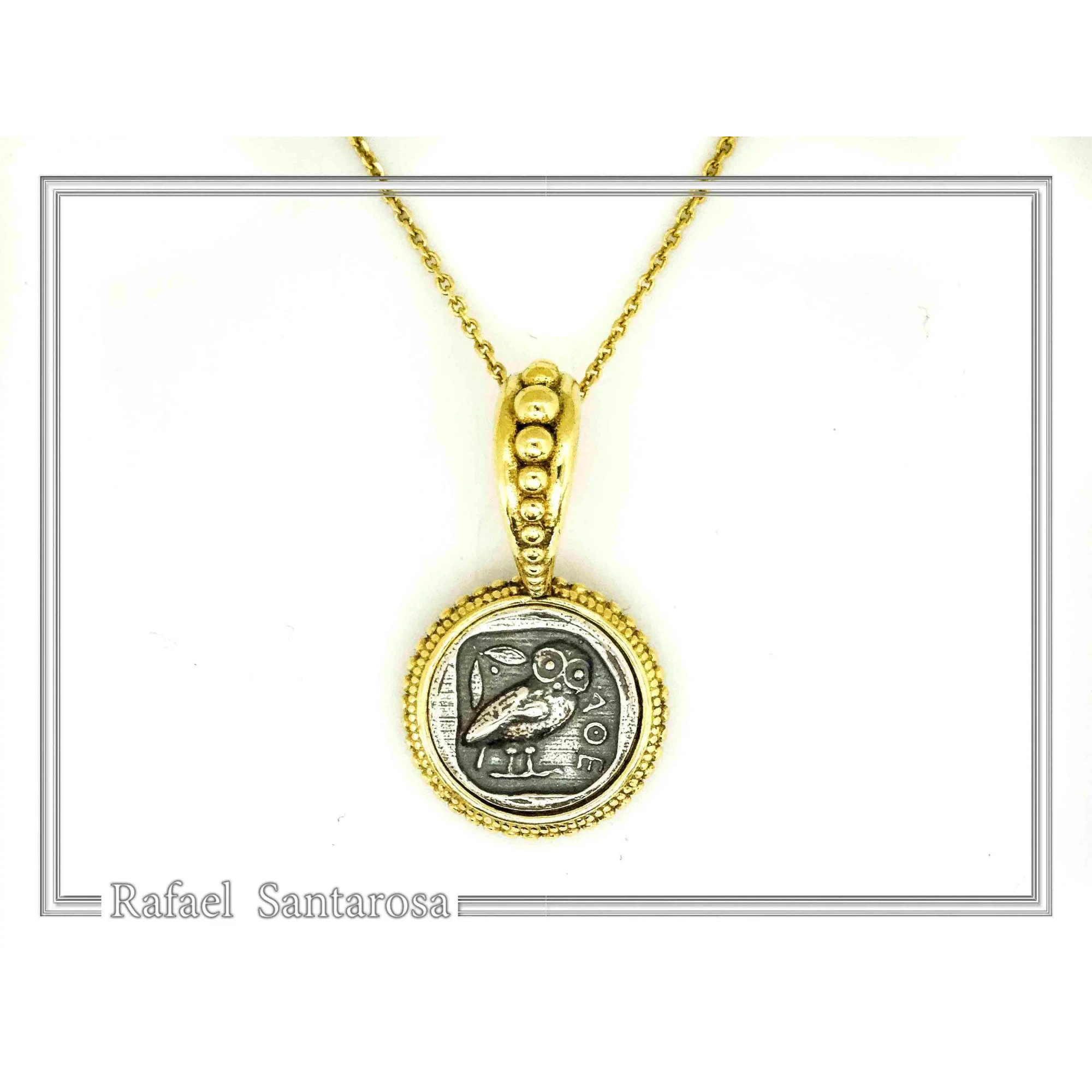 Ancient Greek Athena Owl Tetradrachm Coin Pendant: Sterling Silver, 18K Gold Filled, Museum Jewelry — additional product image 2 from Rafael Santarosa Fine Jewelry