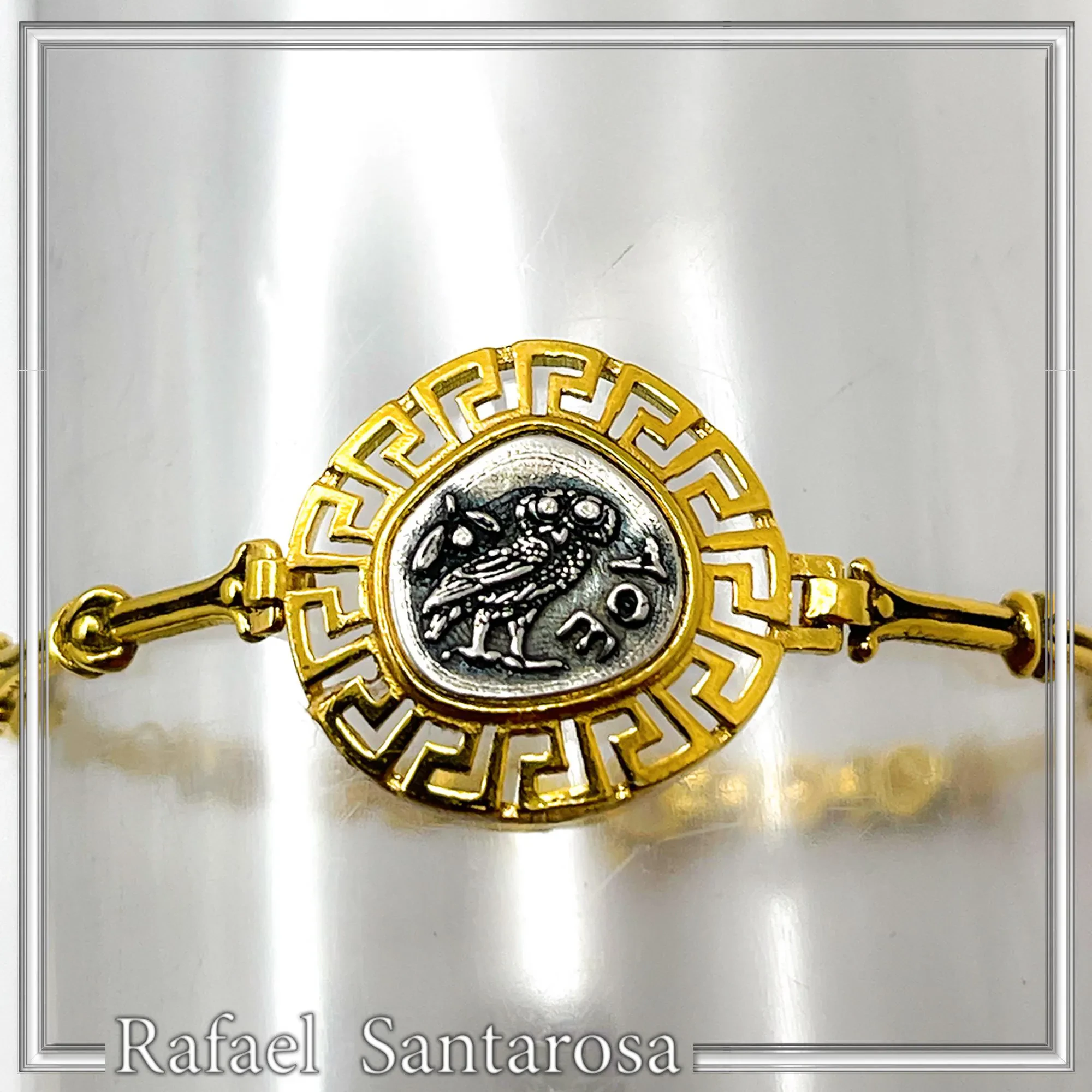 Athena Goddess Owl Tetradrachm Coin Greek Key Bracelet: Oxidized & 18k Gold Filled Sterling Silver — additional product image 8 from Rafael Santarosa Fine Jewelry