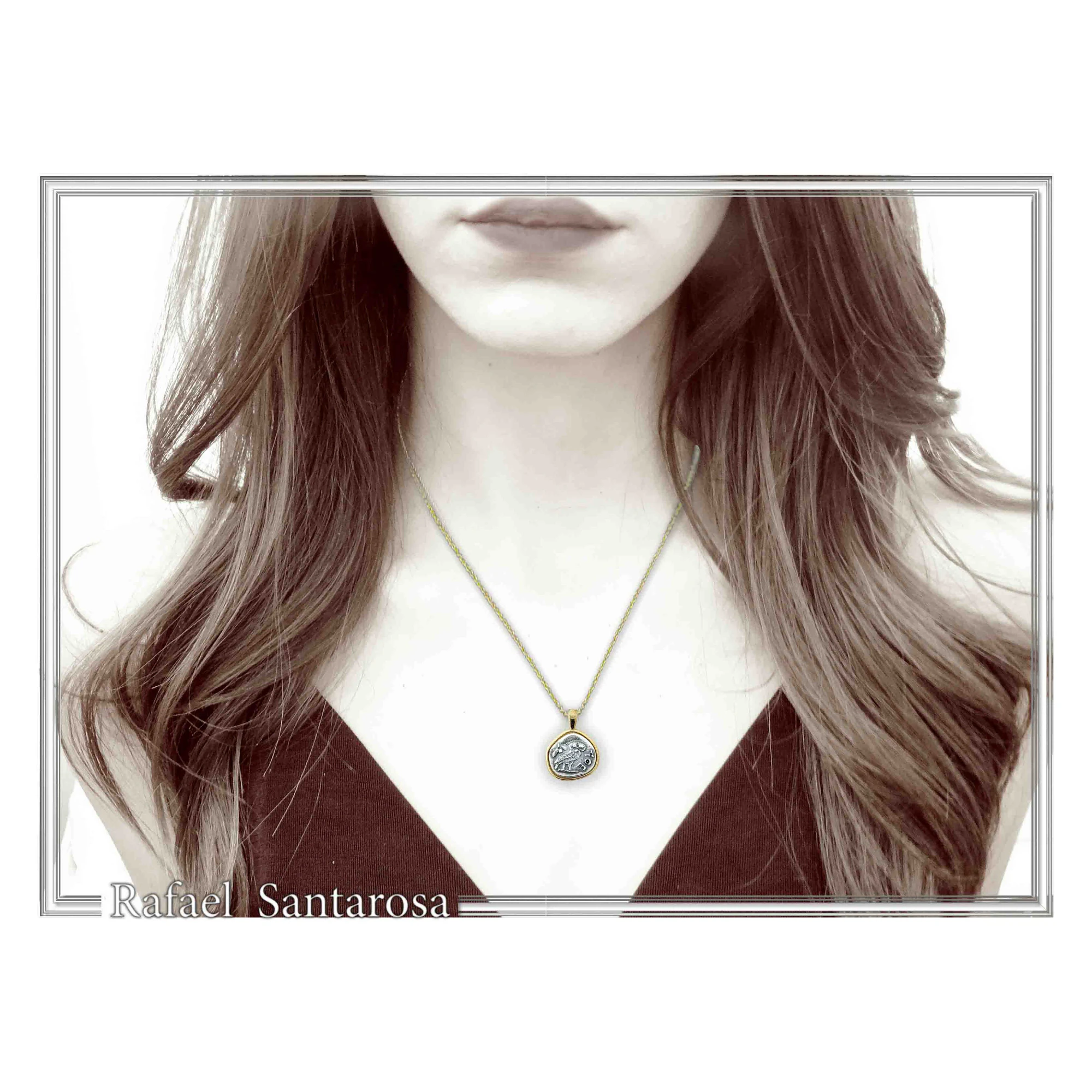 Ancient Greek Owl Coin Necklace, Athena Tetradrachm, Sterling Silver & 18K Gold Filled, Historical Gift — additional product image 3 from Rafael Santarosa Fine Jewelry