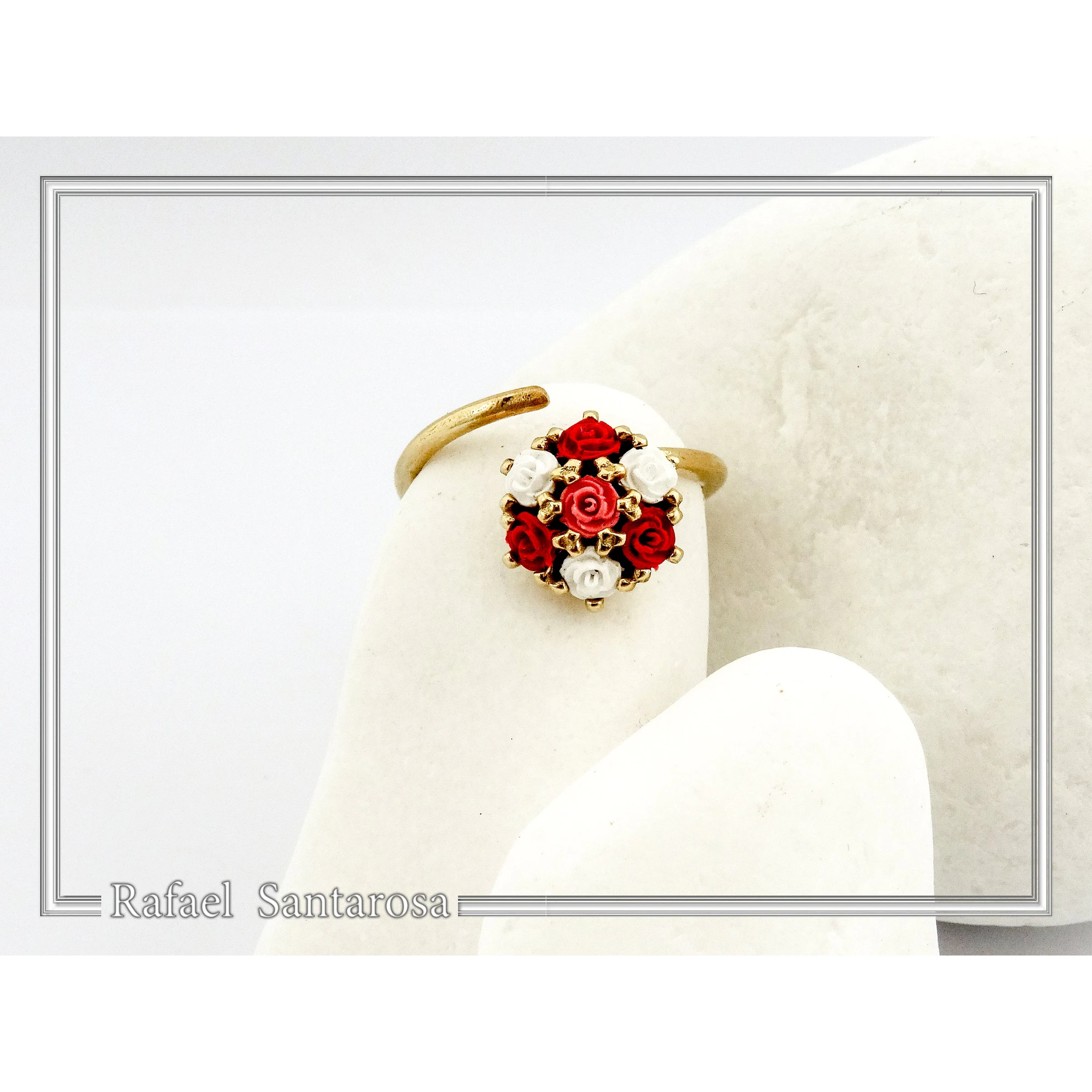 Red & White Roses Alabaster Gems Bouquet Adjustable Floral Statement Ring: 18k Gold Filled Silver — additional product image 6 from Rafael Santarosa Fine Jewelry