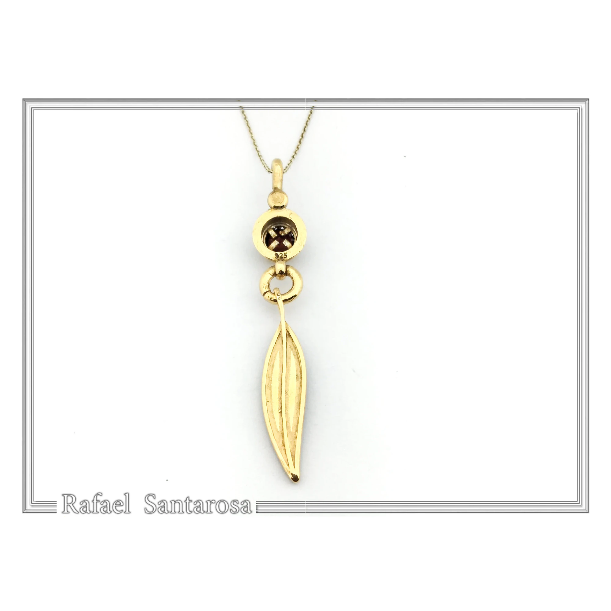 Olive Leaf Dangle Necklace: Natural Garnet and Enamel Floral Sterling Silver 18K Gold Filled — additional product image 8 from Rafael Santarosa Fine Jewelry