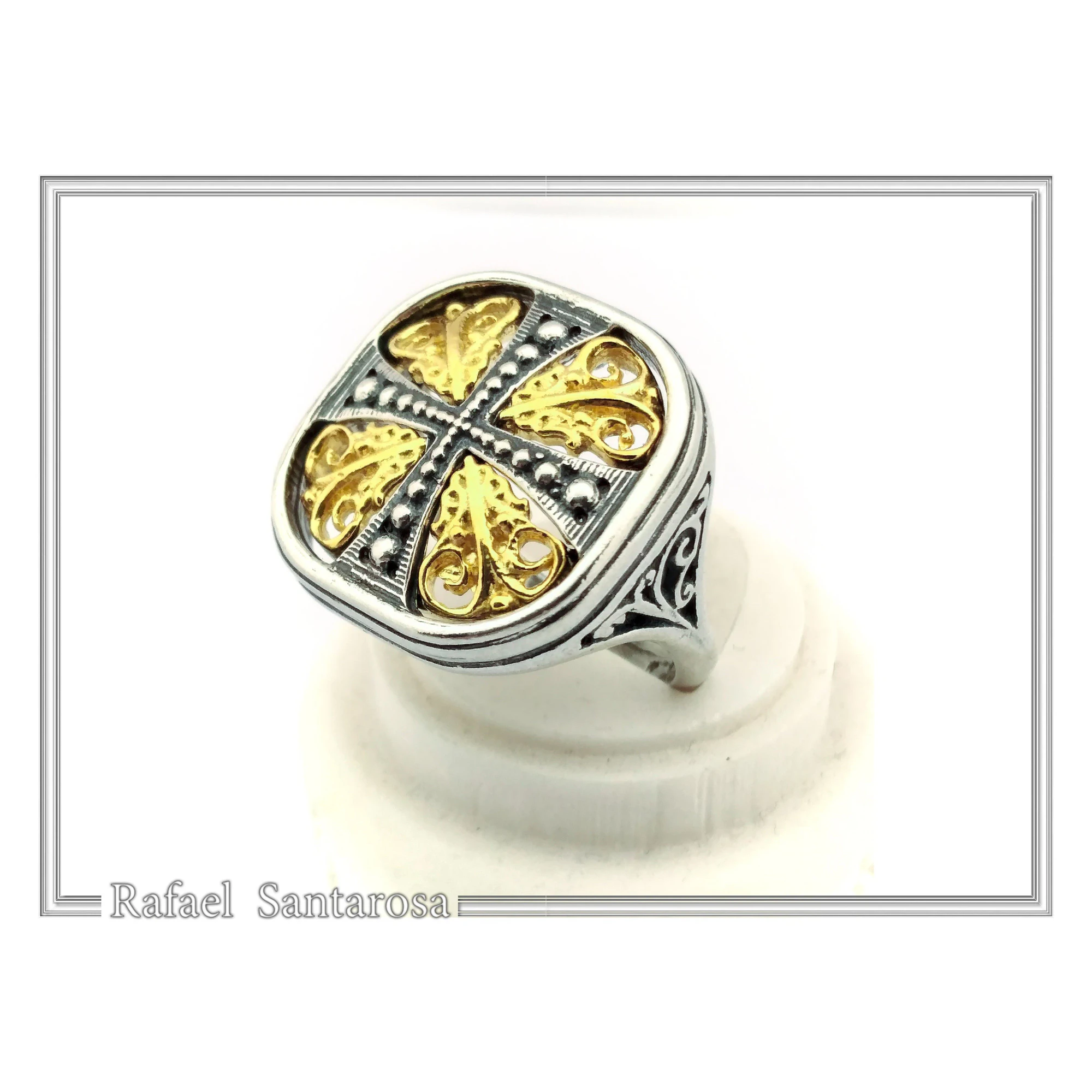 Byzantine Cross Statement Ring: Sterling Silver, 18K Gold Filled, Greek Orthodox Religious Ring — additional product image 2 from Rafael Santarosa Fine Jewelry