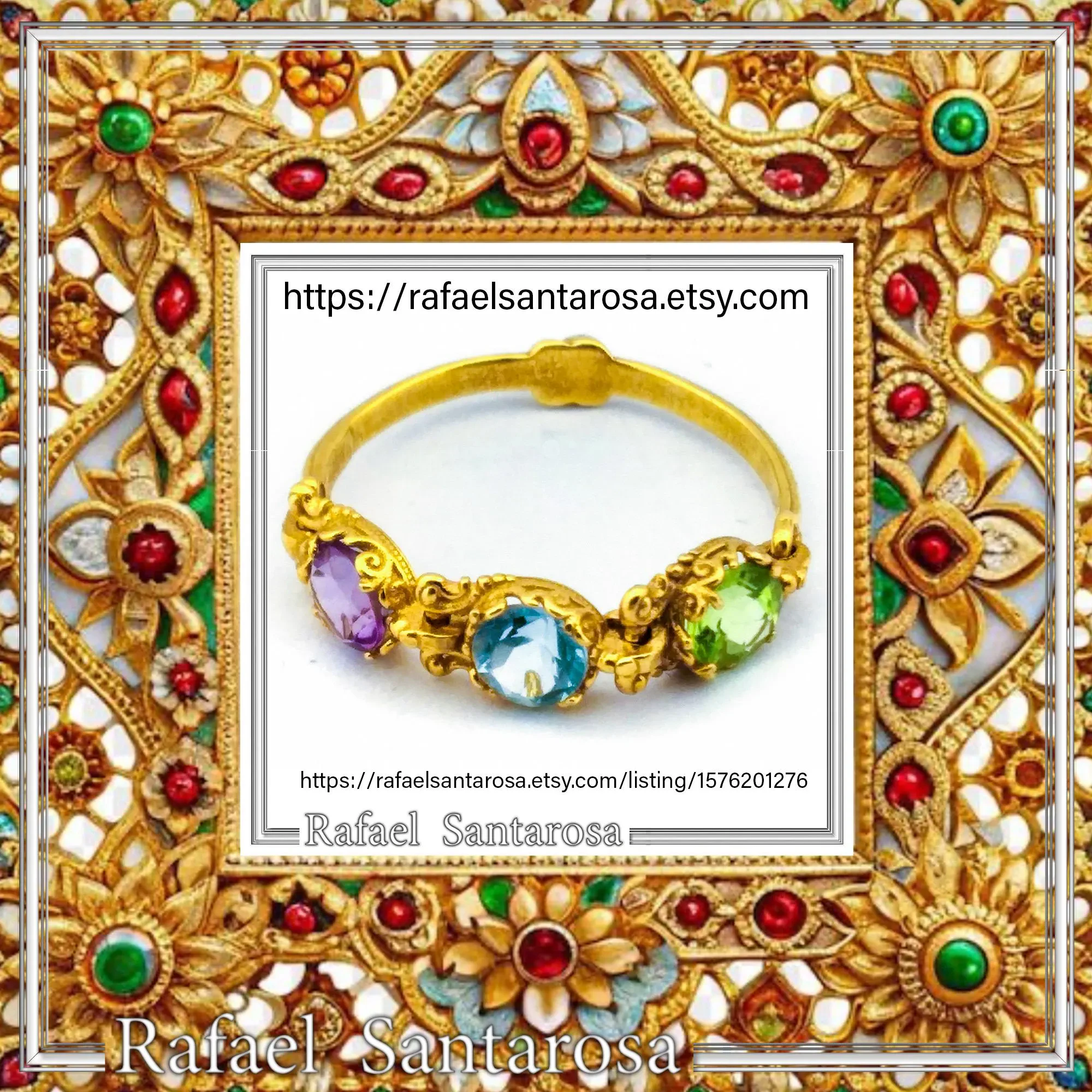 Filigree Byzantine Genuine Amethyst, Topaz & Peridot beaded Ring: Sterling Silver 18k Gold Filled — additional product image 10 from Rafael Santarosa Fine Jewelry