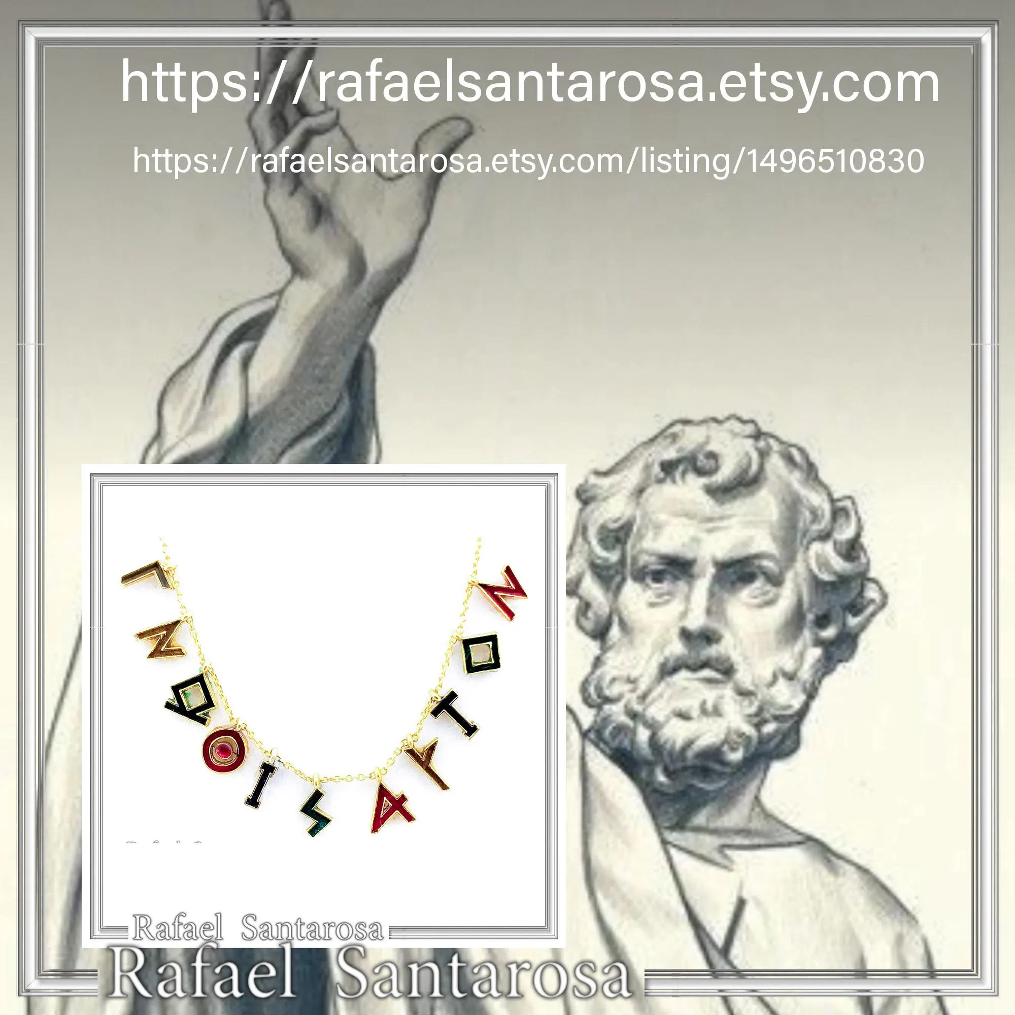Know Yourself Greek Philosopher Socrates Saying Necklace: Sterling Silver 18K Gold Filled, Multicolored Enamel — additional product image 10 from Rafael Santarosa Fine Jewelry