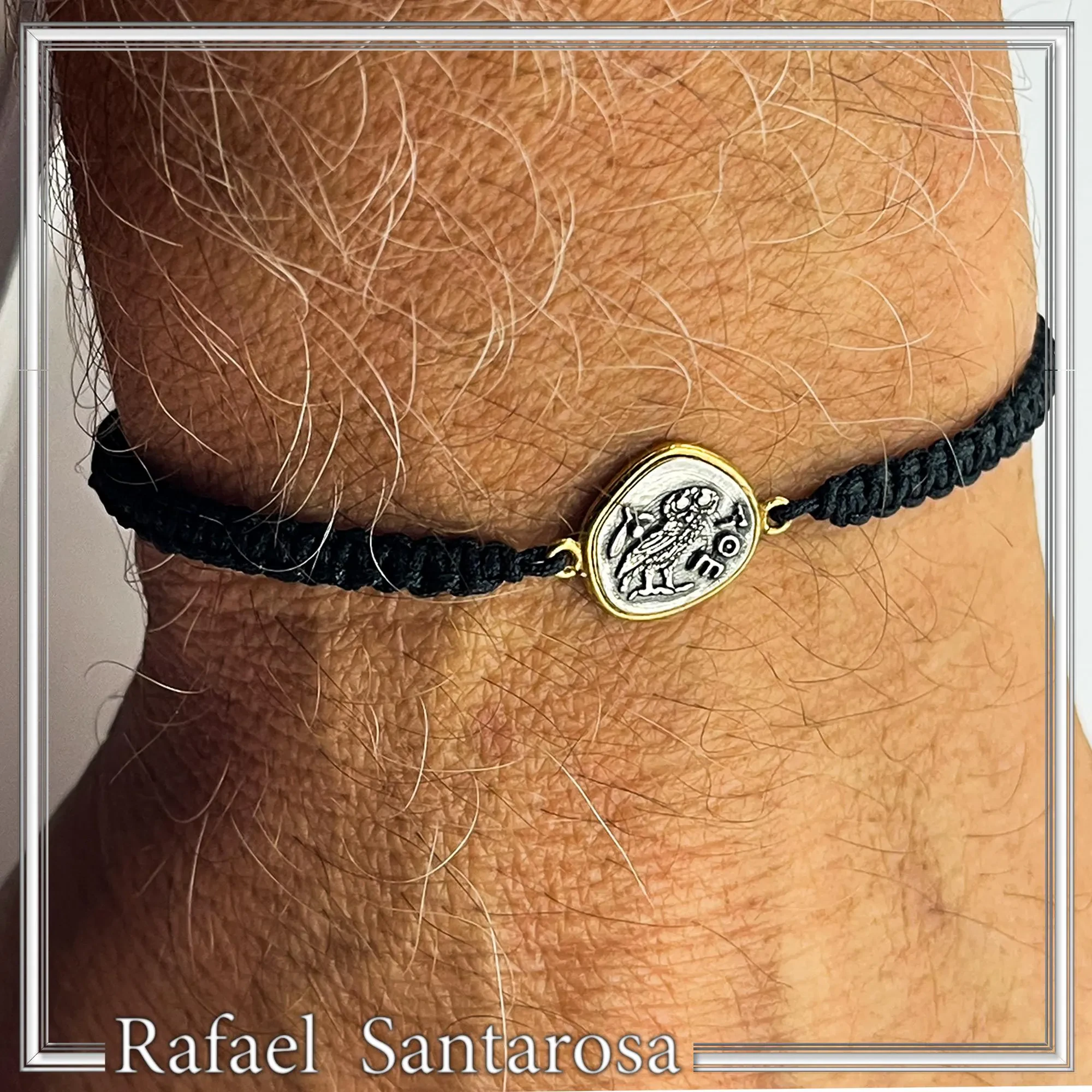 Athena Owl Ancient Greek Tetradrachm Coin Bracelet: Oxidized & Gold Filed Sterling Silver, Macramé Cord — additional product image 7 from Rafael Santarosa Fine Jewelry