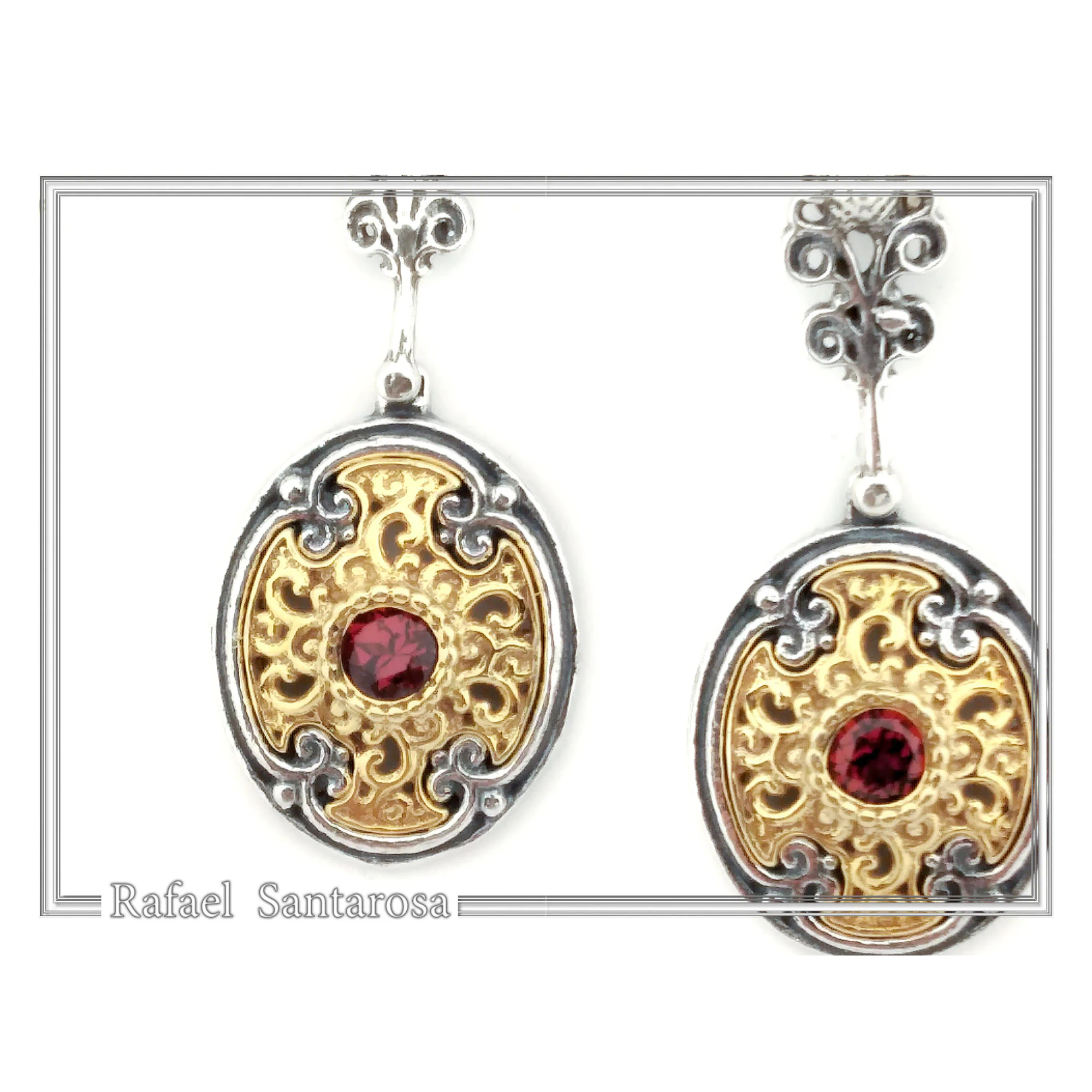 Natural Red Garnet Byzantine style Earrings: Oxidized & 18K Gold-Filled Sterling Silver, — additional product image 2 from Rafael Santarosa Fine Jewelry