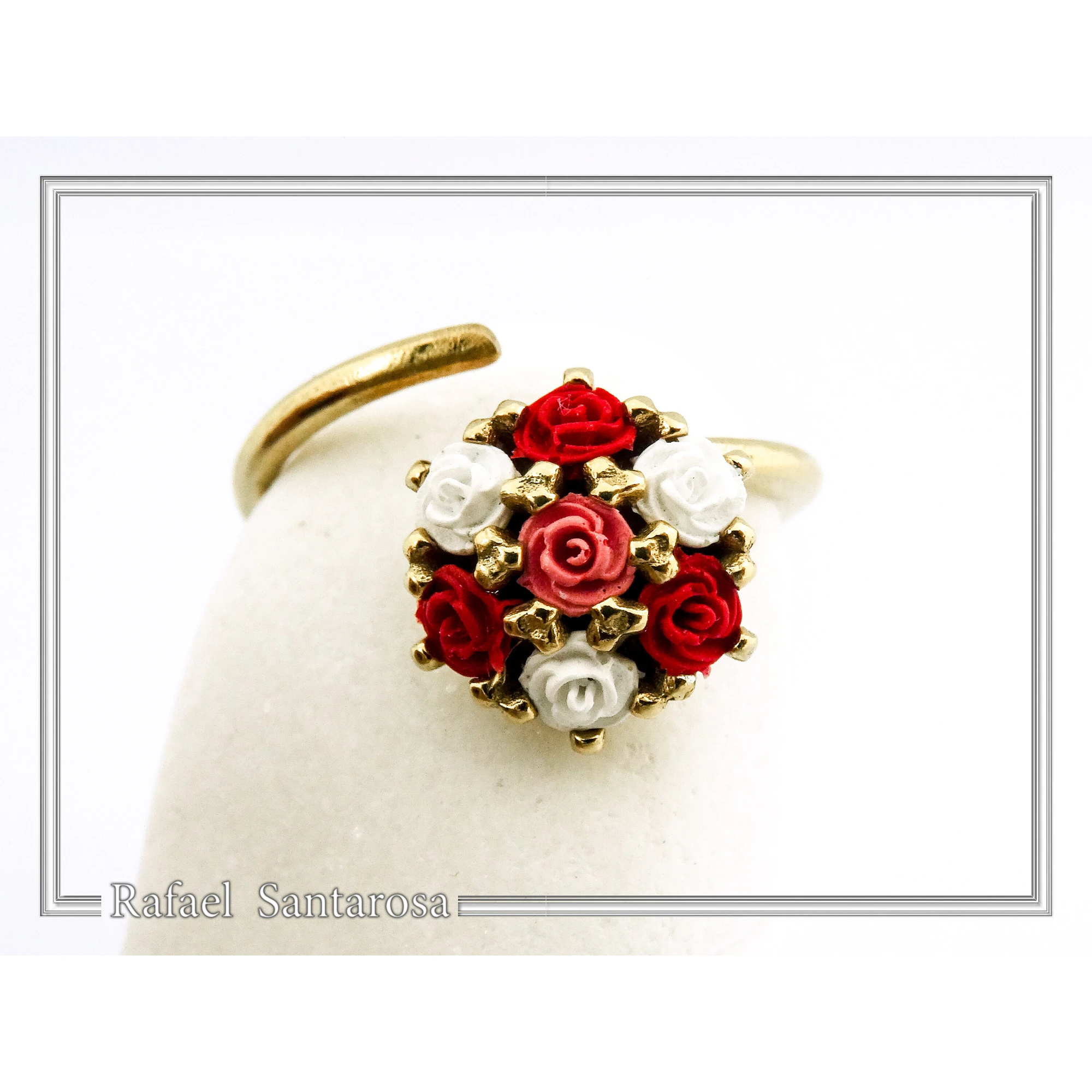 Red & White Roses Alabaster Gems Bouquet Adjustable Floral Statement Ring: 18k Gold Filled Silver — additional product image 4 from Rafael Santarosa Fine Jewelry