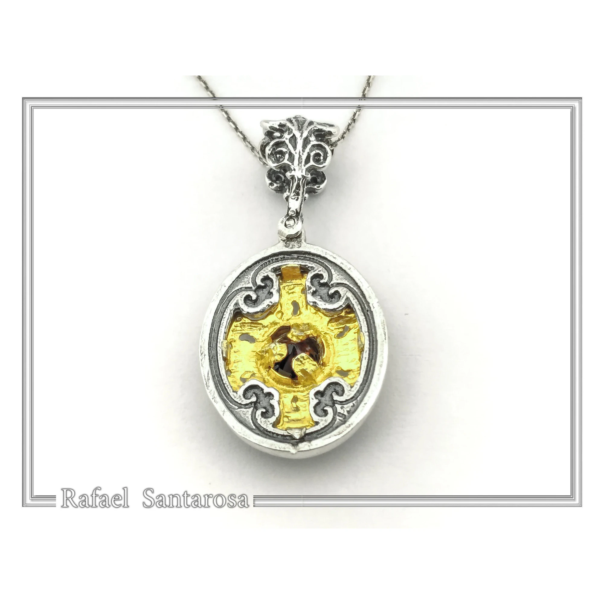 Byzantine Cross Shaped Natural Red Garnet Filigree Necklace: 18K Gold filled and oxidised Silver — additional product image 8 from Rafael Santarosa Fine Jewelry