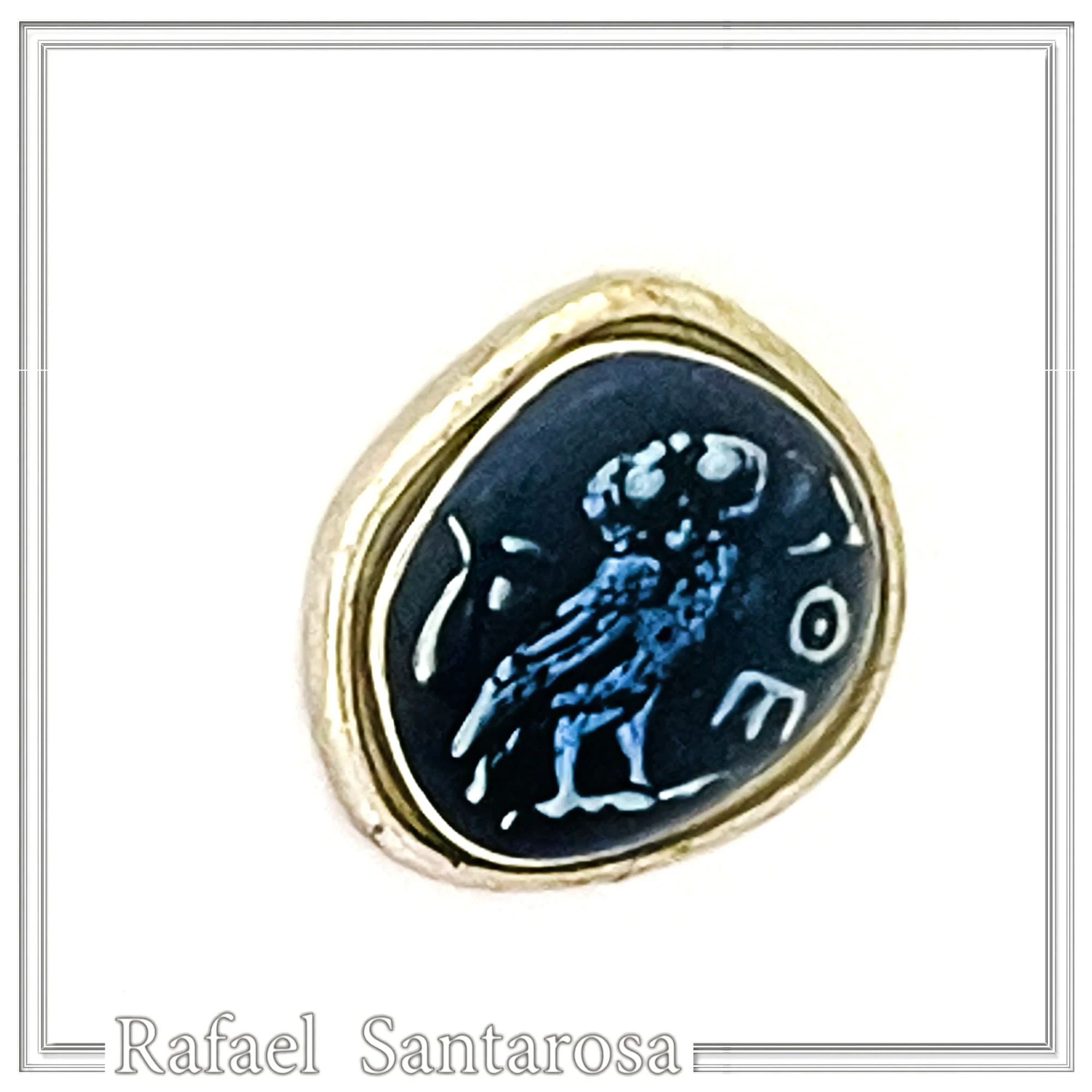 Oxidized Sterling Silver Athenian Tetradrachm Owl Earrings: Athena Coin Studs with Sky Blue Enamel — additional product image 4 from Rafael Santarosa Fine Jewelry