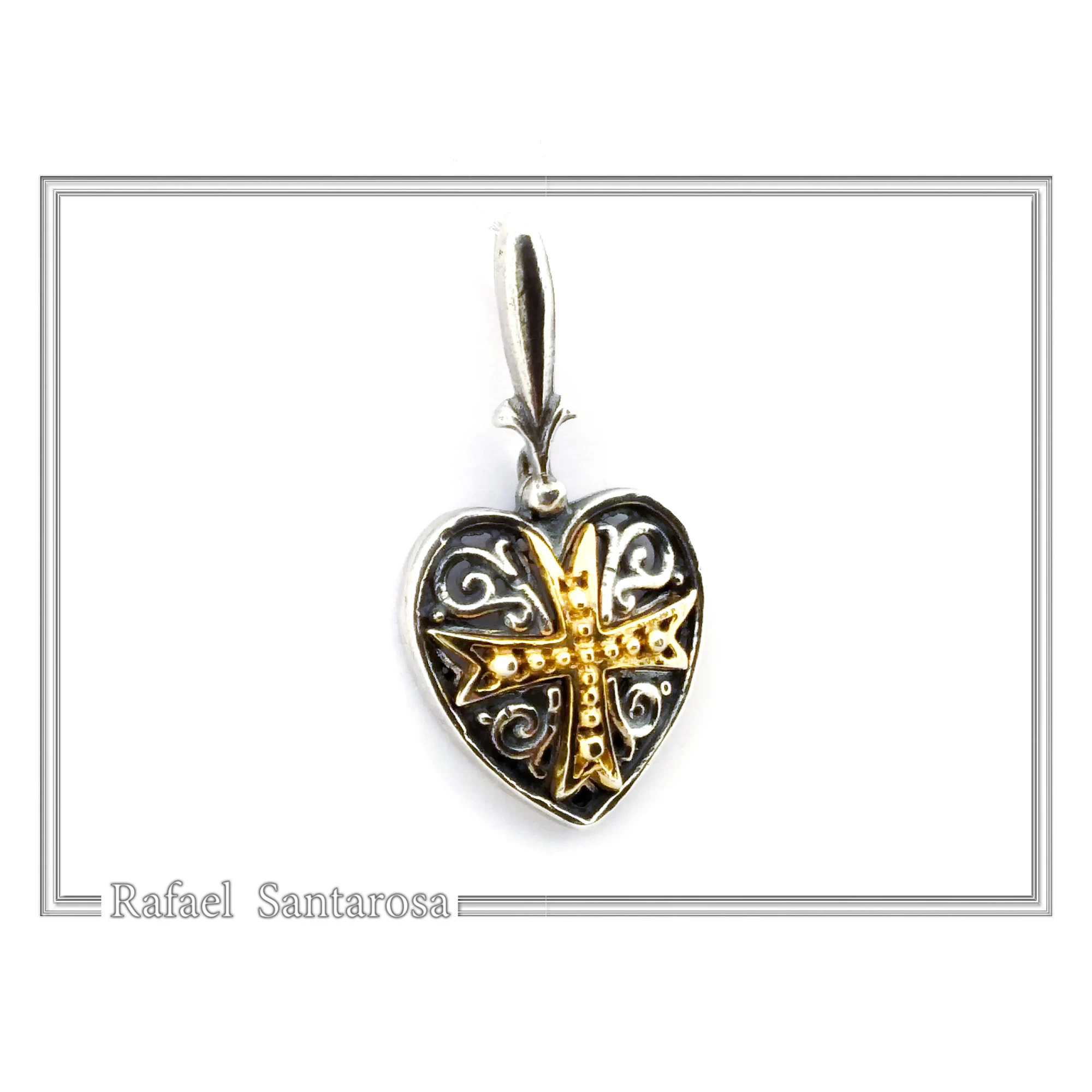 Byzantine Maltese Knights Cross Holy Heart Pendant: Oxidised and 18K Gold Filled Sterling Silver — additional product image 4 from Rafael Santarosa Fine Jewelry