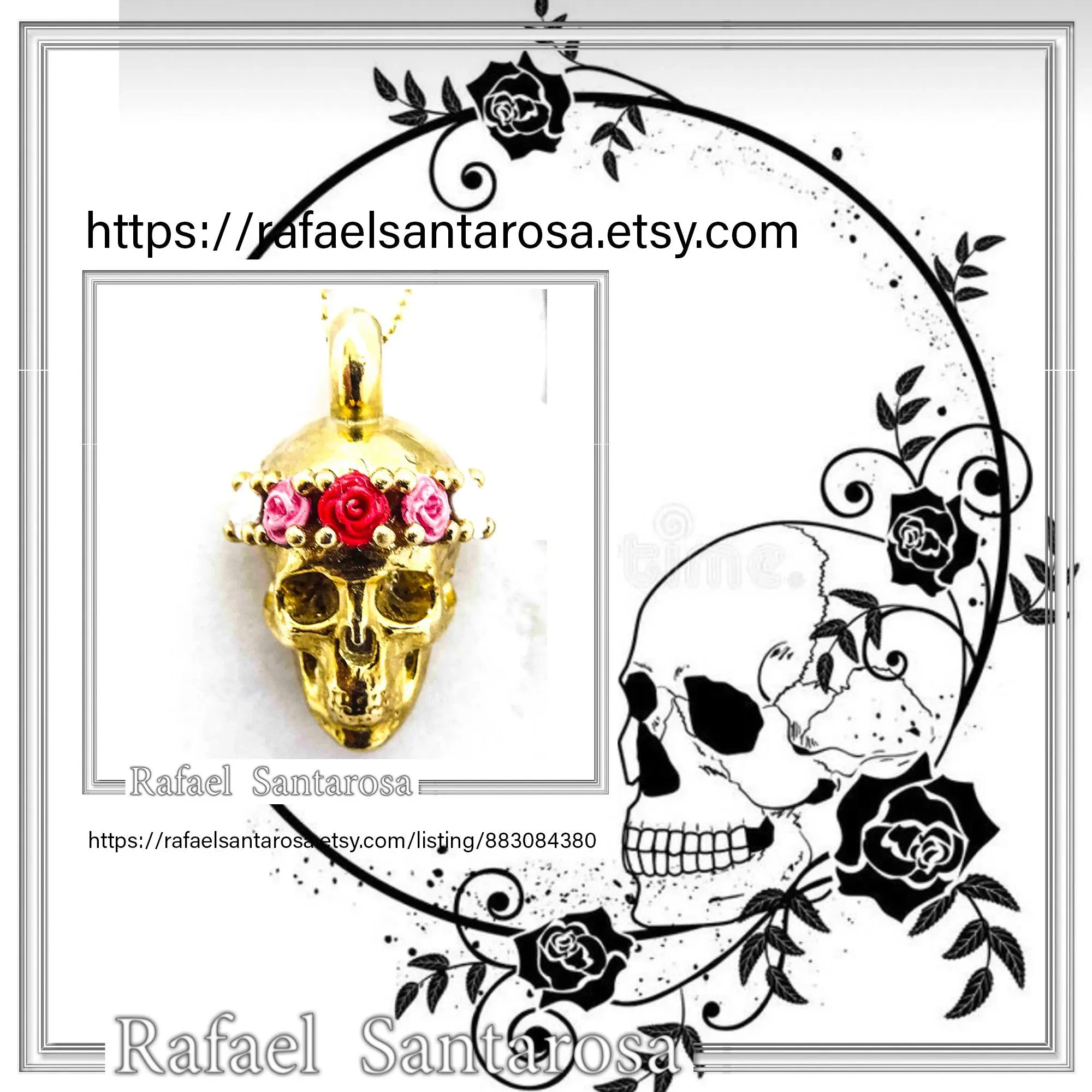 Skull With Rose Flowers Wreath Gothic Necklace: Sterling Silver 18K Gold Filled Pendant — additional product image 10 from Rafael Santarosa Fine Jewelry