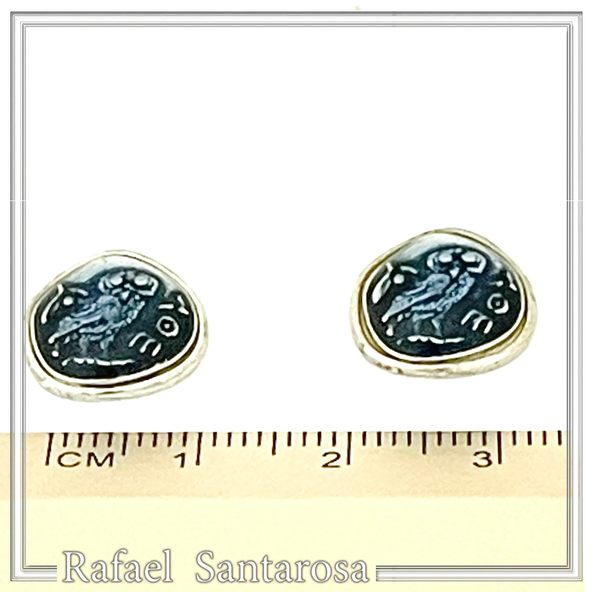 Oxidized Sterling Silver Athenian Tetradrachm Owl Earrings: Athena Coin Studs with Sky Blue Enamel — additional product image 9 from Rafael Santarosa Fine Jewelry