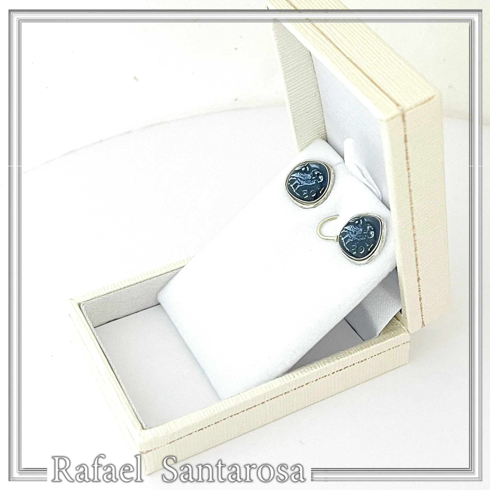Oxidized Sterling Silver Athenian Tetradrachm Owl Earrings: Athena Coin Studs with Sky Blue Enamel — additional product image 10 from Rafael Santarosa Fine Jewelry