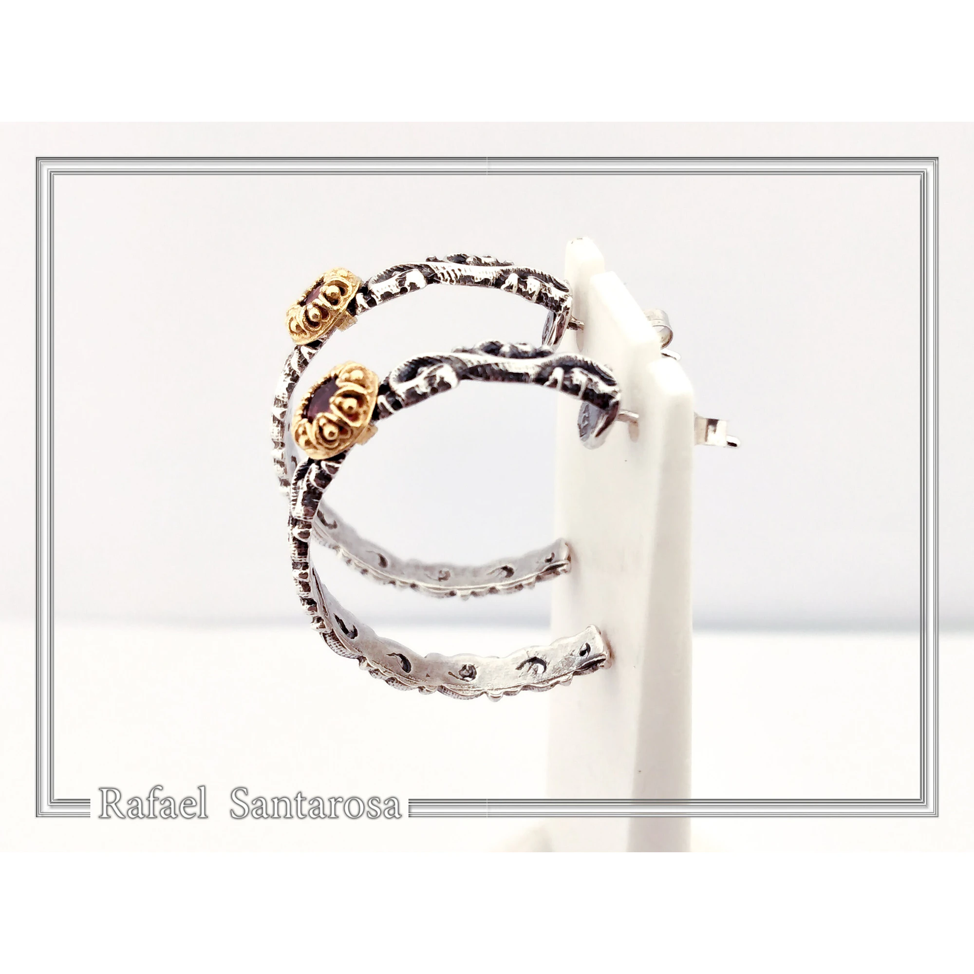Natural Red Garnet Byzantine sculpture decorated Hoop Earrings: Oxidized & 18K Gold Filled Sterling Silver — additional product image 5 from Rafael Santarosa Fine Jewelry